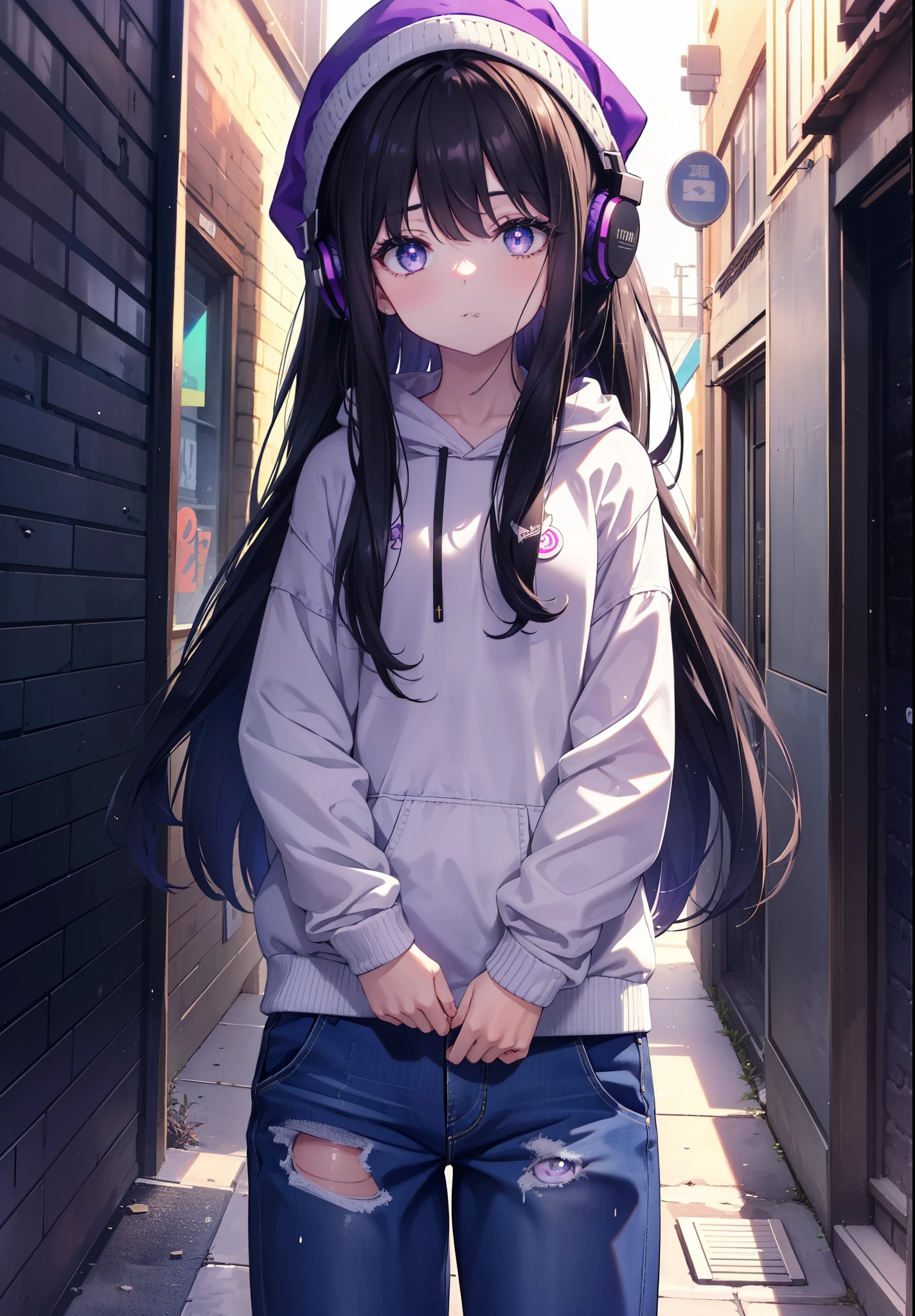 Takiuchi Kame, check it out, long hair, bangs, black hair, (purple eyes:1.2),Blue hoodie,knit hat,headphones around neck,Oversized denim pants、sneakers,blow bubble gum, pink bubble gum,standing leaning against the wall,meeting,noon,Clear skies,
break ourdoors, Alley,
break looking at viewer, (cowboy shot:1.5),
break (masterpiece:1.2), highest quality, High resolution, unity 8k wallpaper, (figure:0.8), (detailed and beautiful eyes:1.6), highly detailed face, perfect lighting, Very detailed CG, (perfect hands, perfect anatomy),