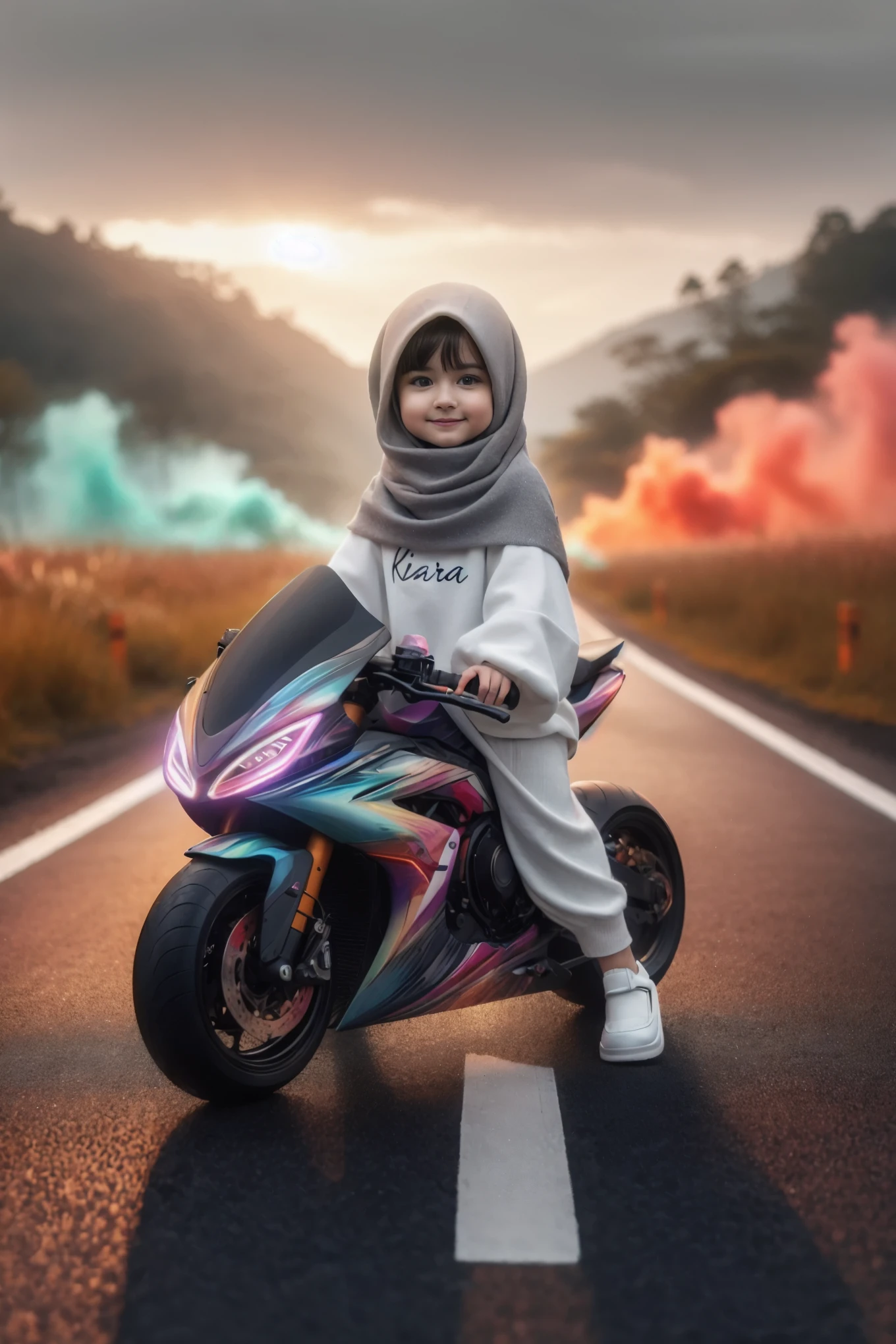 arafed on a motorcycle with a hood on, hyperrealistic picture, hyper realistic color photo, motorcycle, adorable digital painting, hyperrealism artstyle, riding a motorcycle, made in photoshop, photo manipulation, high quality portrait, photorealistic art style, hyper realistic background, realism artstyle, photo hyper realistic, riding a futuristic motorcycle, photorealistic!!!!!!! art style