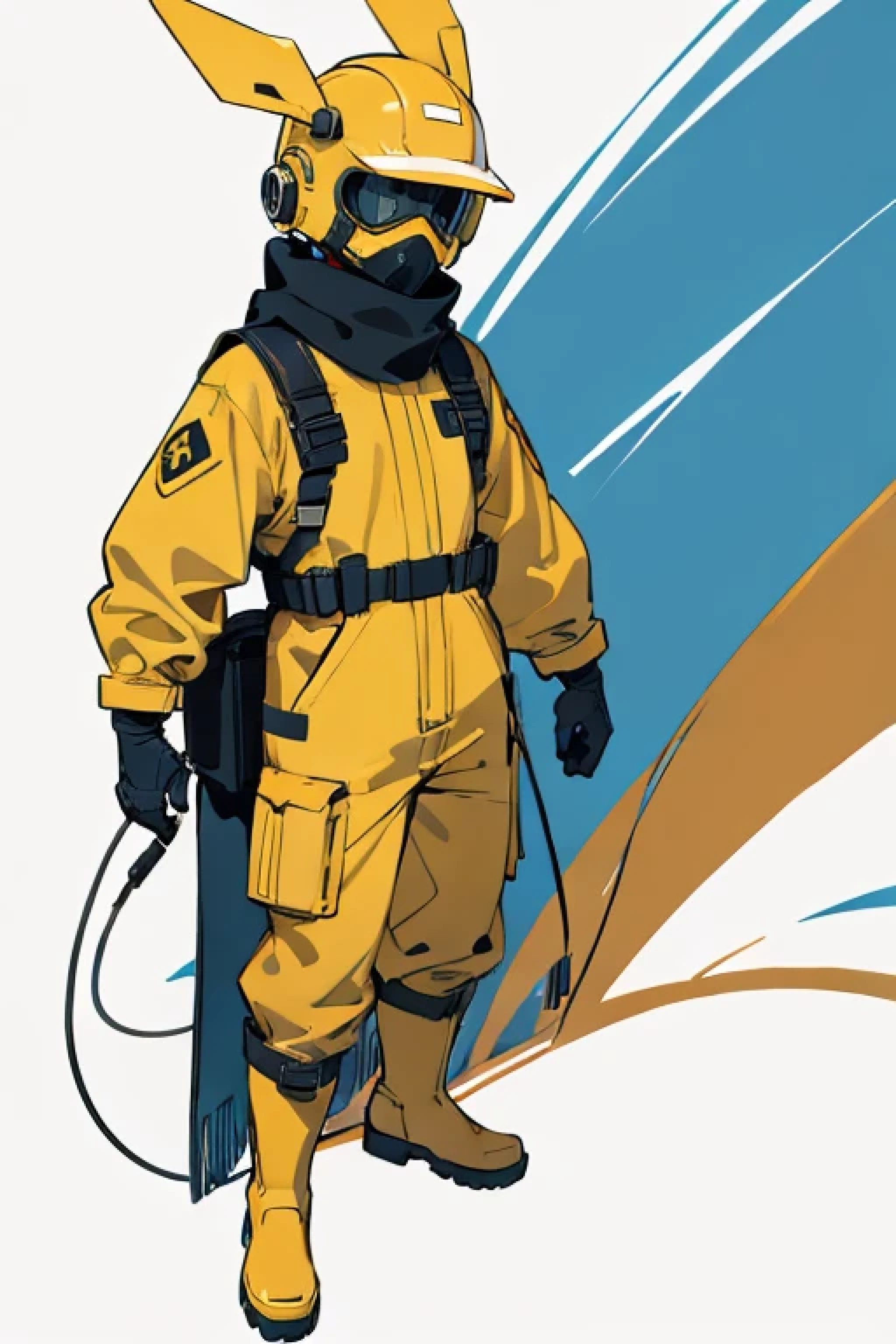 (ultra detailed,ultra high res,detailed background),((2D)),((flat color)),((muted color)),((floating neon)),1solo,looking at viewer, graffiti, hazmat suit, big red rain boots, plush scarf, full body image, square helmet