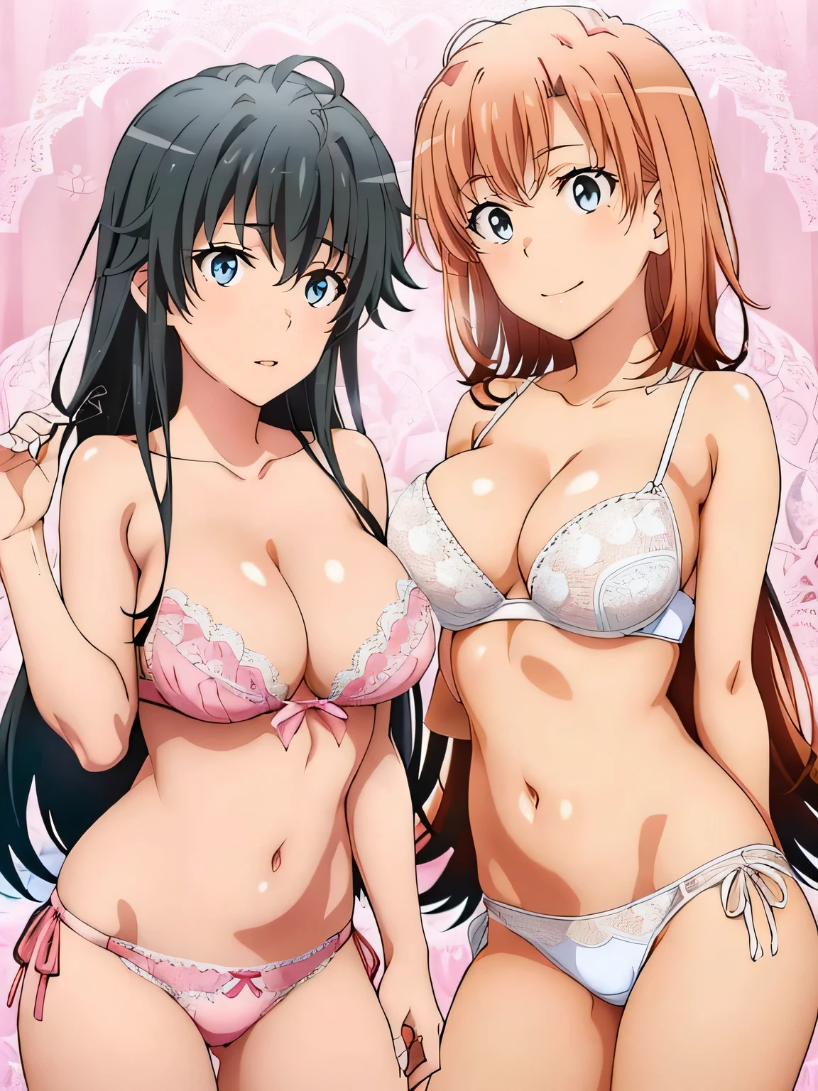 2 girls, sample background, (white lace bra White panties Yukinoshita Yukino),((pink lace bra Big breasted Yuigahama wearing pink lace panties)),pussy line in pants, NSFW,lily,looking at camera,