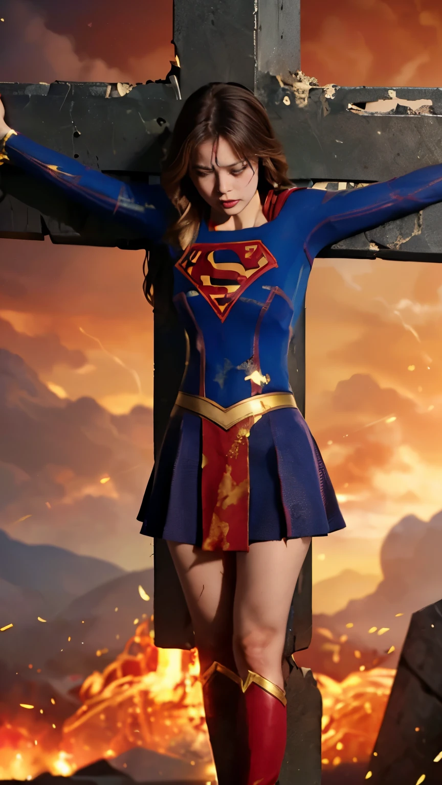 highest quality,masterpiece,UHD, Super detailed, 8K,(Beautiful woman),(一人のBeautiful woman),((crucifixion:1.5)),(((cross))),(execution),((incontinence)),scared,torture,slave,((crossにcrucifixionにされた女性:1.5)),crucifixion刑,((supergirl:1.5)),blue suit,Superman logo on chest,red skirt,red boots,((torn costume:1.5)),((Tearing of clothes:1.5)),(tattered clothes),Beaten face,顔にtraces of being beaten,((bruises on body)),scars on body,injured face and body,(Bruise, dirty, torn clothes, revealing clothes, Blood:1.3),traces of being beaten,Defeated heroine,a devastated world,ruins,abandoned building,(burning at the stake),((roasted over fire:1.2)),inflammation,(inflammationに包まれている),足下にinflammation
