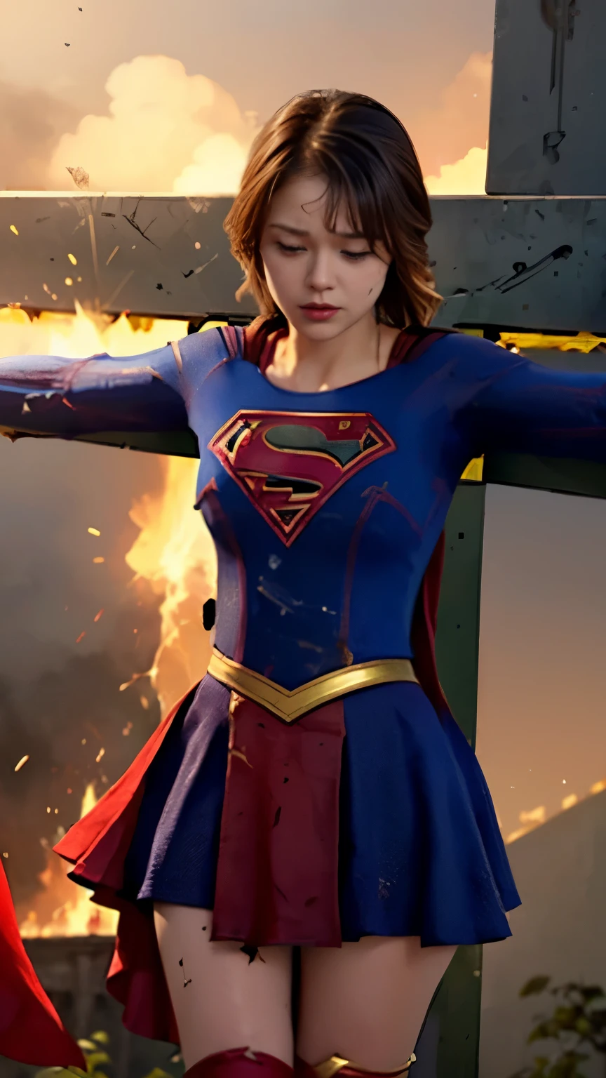 highest quality，masterpiece，UHD, Super detailed, 8K，(Beautiful woman)，(一人のBeautiful woman)，((crucifixion:1.5))，(((cross)))，(execution)，((incontinence))，scared，torture，slave，((crossにcrucifixionにされた女性：1.5)),crucifixion刑，((supergirl:1.5))，blue suit，Superman logo on chest，red skirt，red boots，((torn costume：1.5))，((Tearing of clothes：1.5))，(tattered clothes)，Beaten face，顔にtraces of being beaten，((bruises on body))，scars on body，injured face and body，(Bruise, dirty, torn clothes, revealing clothes, Blood:1.3)，traces of being beaten，Defeated heroine，a devastated world，ruins，abandoned building，(burning at the stake)，((roasted over fire：1.2))，inflammation，(inflammationに包まれている)，足下にinflammation