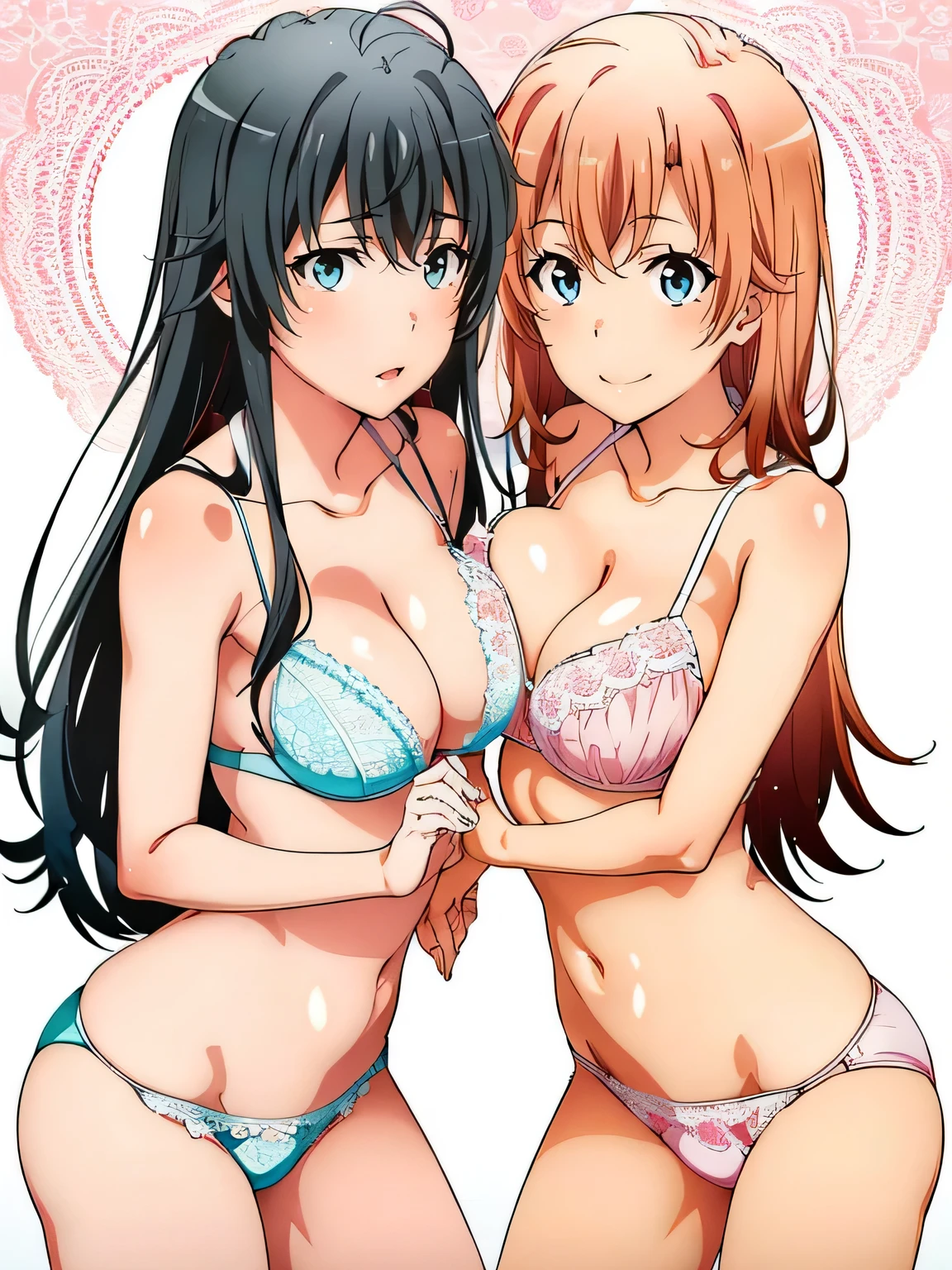 2 girls, sample background, (white lace bra White panties Yukinoshita Yukino),((pink lace bra Big breasted Yuigahama wearing pink lace panties)),pussy line in pants, NSFW,lily,looking at camera,