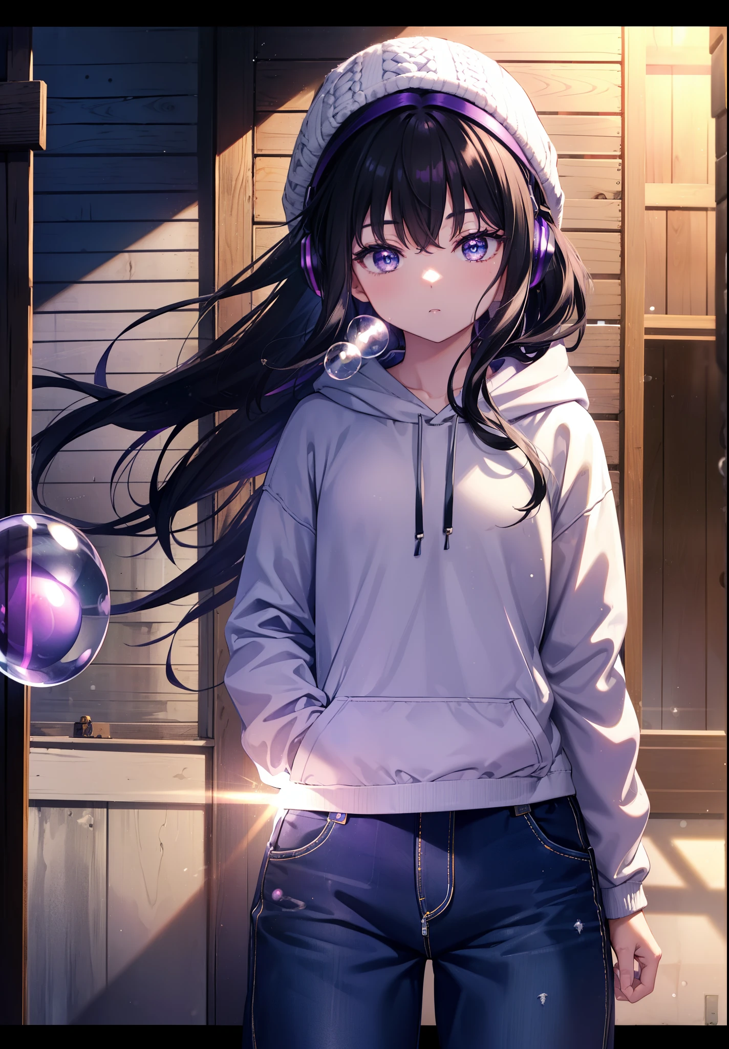 Takiuchi Kame, check it out, long hair, bangs, black hair, (purple eyes:1.2),Blue hoodie,knit hat,headphones around neck,hands in hoodie,Oversized denim pants、sneakers,blow bubble gum, pink bubble gum,standing leaning against the wall,meeting,noon,Clear skies,
break ourdoors, Alley,
break looking at viewer, (cowboy shot:1.5),
break (masterpiece:1.2), highest quality, High resolution, unity 8k wallpaper, (figure:0.8), (detailed and beautiful eyes:1.6), highly detailed face, perfect lighting, Very detailed CG, (perfect hands, perfect anatomy),