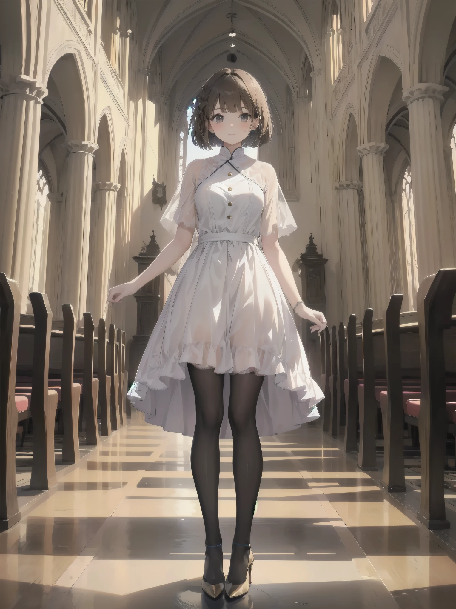 (Ultimate masterpiece), (Superb quality), (Ultra-detailed), High resolution, Ultimate beauty, High saturation, Vivid,.
 Artistic AI Art Galaxy、one girl、dynamic pose、
 
1 beautiful girl, (cute girl), (thighs, black tights), (high heels), (cathedral dress), convent dress,
Super smile, brown hair, one length bob cut braided, (standing, dynamic pose), (dainty pose, super cute), oldest and historic place of worship, indoor background,
Fashion magazine shoot, professional shading, best illustration of her looking pretty.