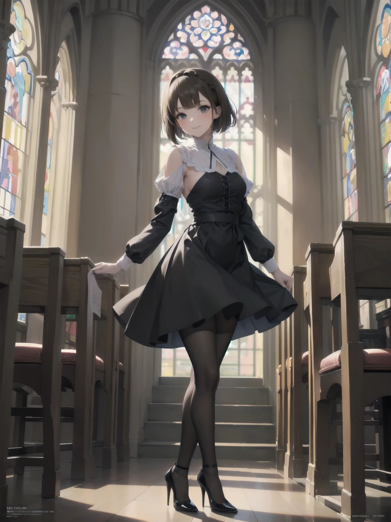 (Ultimate masterpiece), (Superb quality), (Ultra-detailed), High resolution, Ultimate beauty, High saturation, Vivid,.
Artistic AI Art Galaxy、one girl、dynamic pose、
1 beautiful girl, (cute girl), (thighs, black tights), (high heels), (cathedral dress), convent dress,
Super smile, brown hair, one length bob cut braided, (standing, dynamic pose), (dainty pose, super cute), oldest and historic place of worship, indoor background,
Fashion magazine shoot, professional shading, best illustration of her looking pretty.