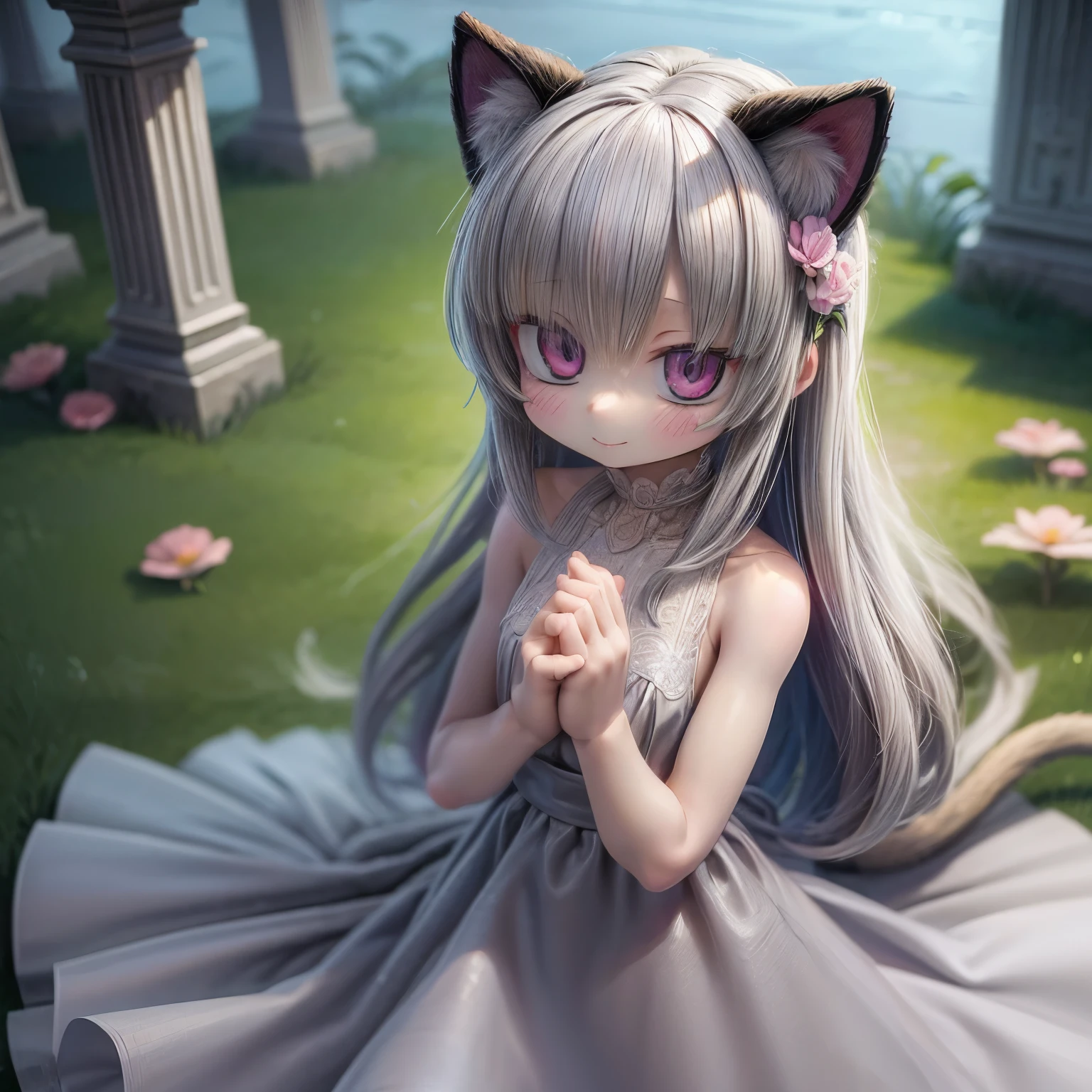 ((Masterpiece)), (Anime:1.3), ((best quality)), (RAW photo: 1.2), (High Definition:1.3), (Professional Photography:1.2), from above, textured skin, cinematic lighting, (Very unruly hair), medium hair, Very happy smile, Slender small breasts, (holding a bouquet of flowers with both hands), Luxury white shirt with beautiful decoration, Cat ears, pale silver hair, Big eyes, Cute Beautiful Girl, BREAK, ((best quality)), Beautiful ruins with lush vegetation and flowers, Summer day