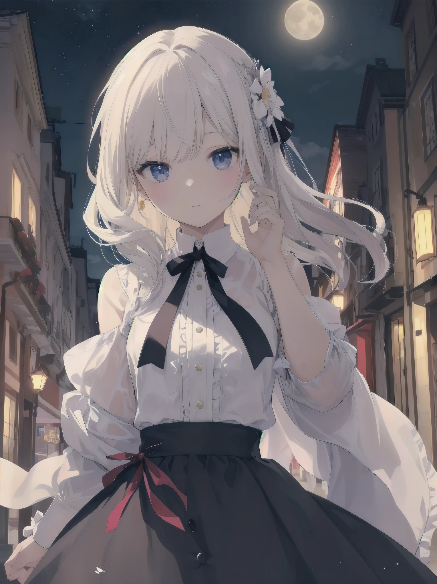 Artistic AI Art Galaxy、one girl、dynamic pose、(Ultimate masterpiece), (Superb quality), (Ultra-detailed), High resolution, Ultimate beauty, High saturation, Vivid,. 1 beautiful girl,(cute girl)「the girl、While watching the moon floating in the night sky、Strolling through the streets of Vienna in the 1920s。she、With neat clothes and elegant poses、天才美少女剣士のshe必殺技を唱える