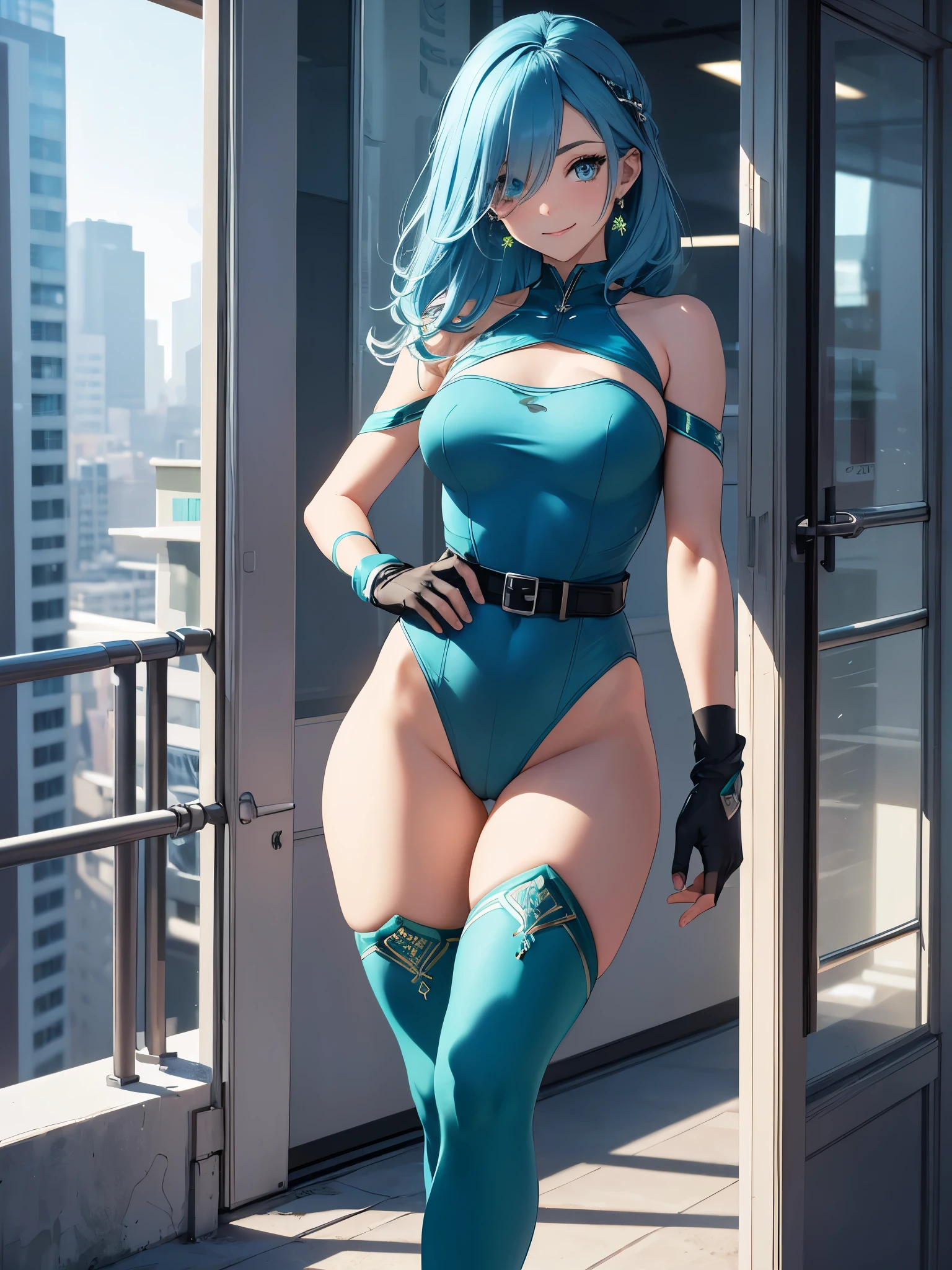 best quality, 32k, RAW photo, incredibly absurdres, extremely detailed, delicate texture, intelligent beauty, medium hair, shoulder-length hair, blue hair, aquamarine eyes, hair over one eye, (blue leotard with green accents), (tight belt), matching gloves, matching boots, ankle boots, playful, cute smile, closed mouth, outside office balcony, (body infused with frost)