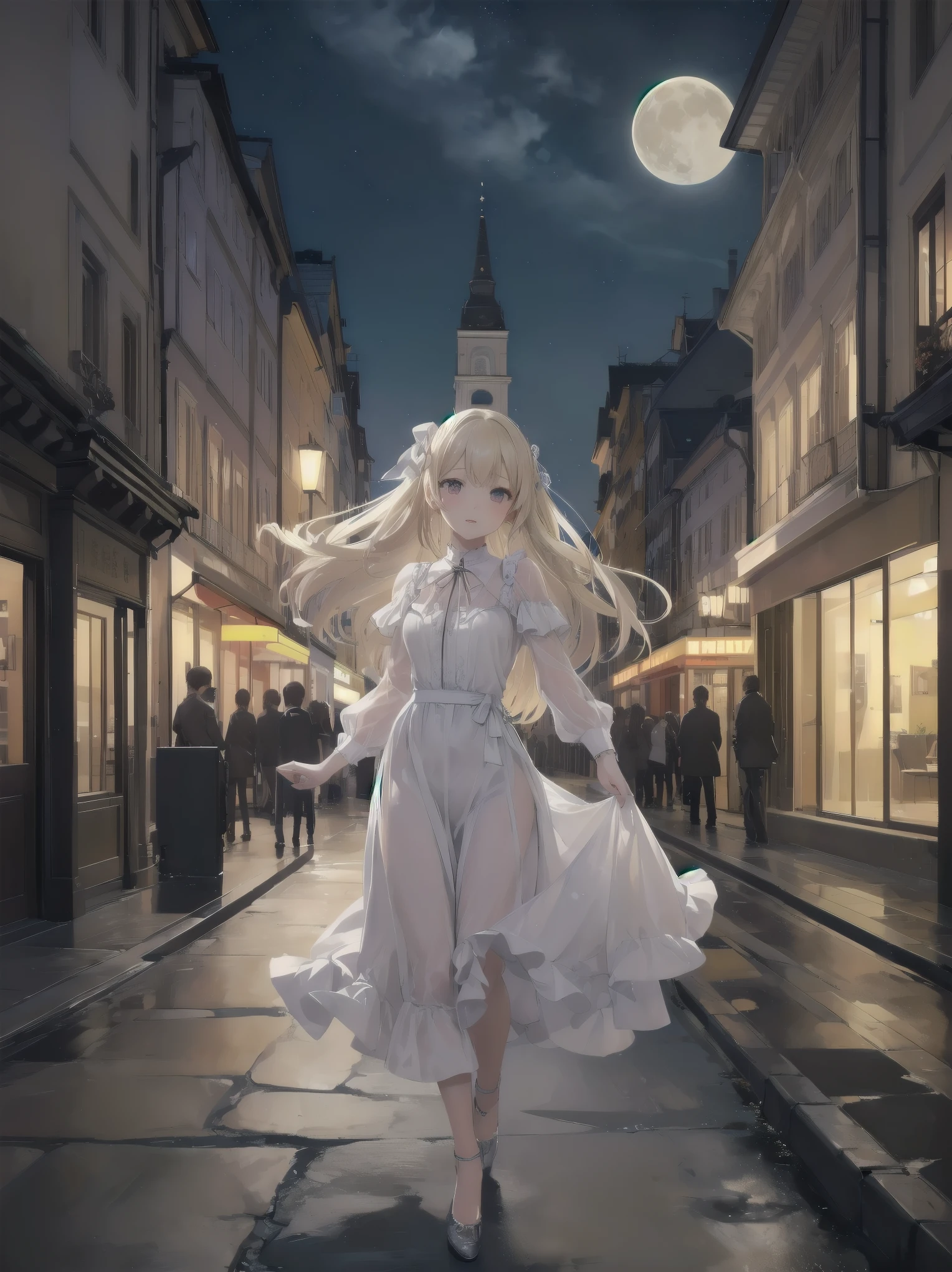 Artistic AI Art Galaxy、one girl、dynamic pose、(Ultimate masterpiece), (Superb quality), (Ultra-detailed), High resolution, Ultimate beauty, High saturation, Vivid,. 1 beautiful girl,(cute girl)「the girl、While watching the moon floating in the night sky、Strolling through the streets of Vienna in the 1920s。she、With neat clothes and elegant poses、天才美少女剣士のshe必殺技を唱える
