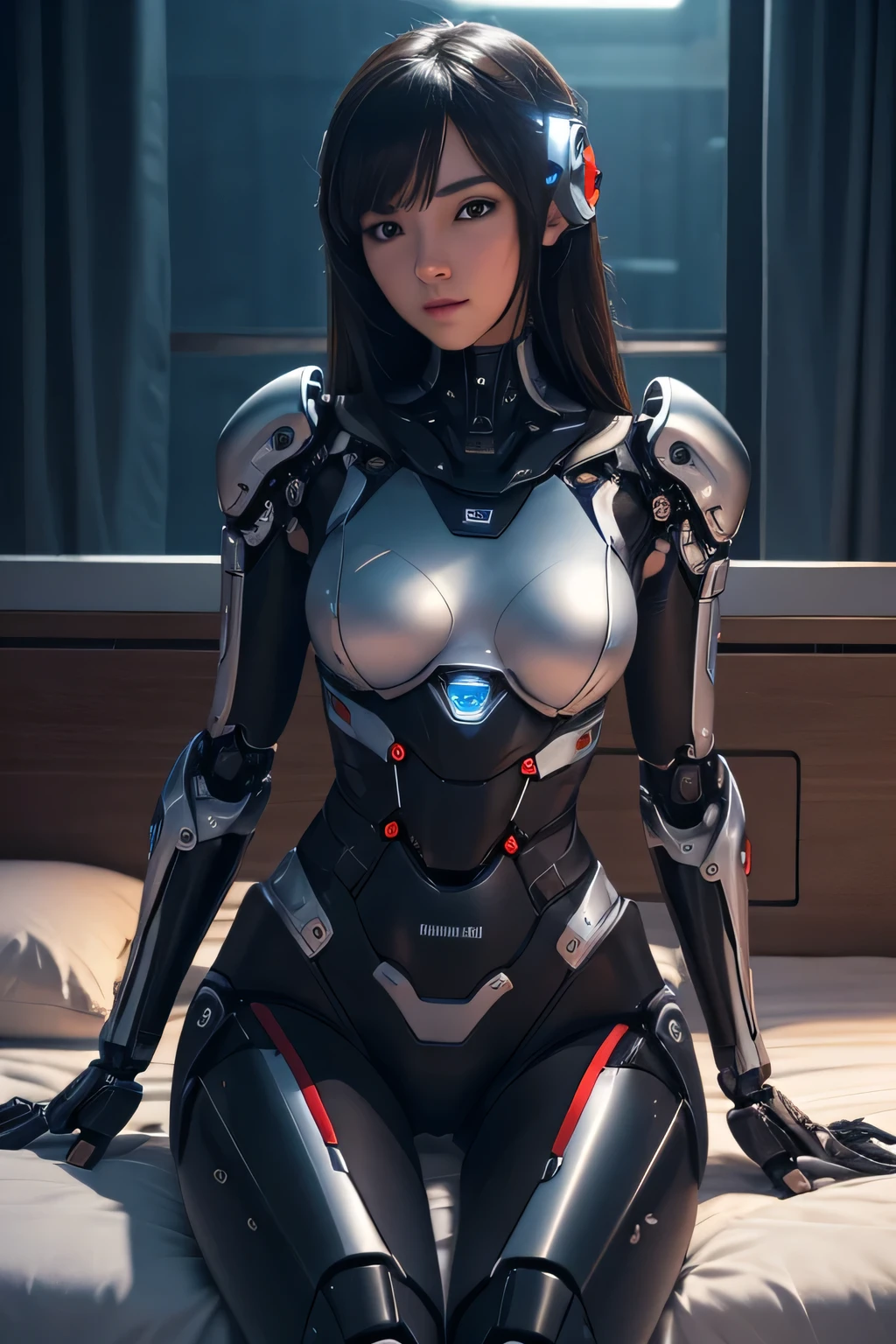 High school girl robot having sex Mechanical body with genitals exposed in the crotch mechanical limbs Seductive pose while sitting on bed bedroom at night, Hmm, retina, masterpiece, Accurate, anatomically correct, rough skin, Super detailed, advanced details, high quality, Awards, 最high quality, High resolution
