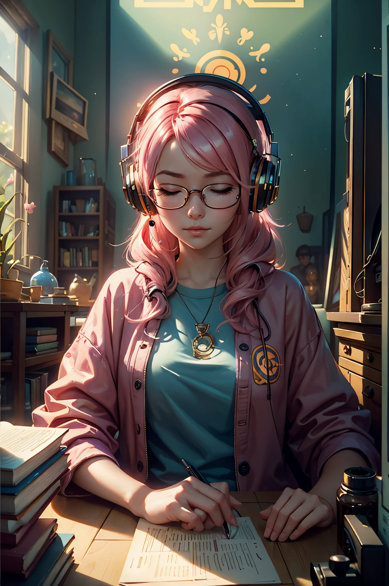 Make an oil painting of adorable female streamer sitting at her computer with her eyes closed, wearing headphones, has pink hair, librarian style glasses by James Christensen, awwChang, CGSociety, Illumination, Pixar, super crisp high fidelity, sunny day background