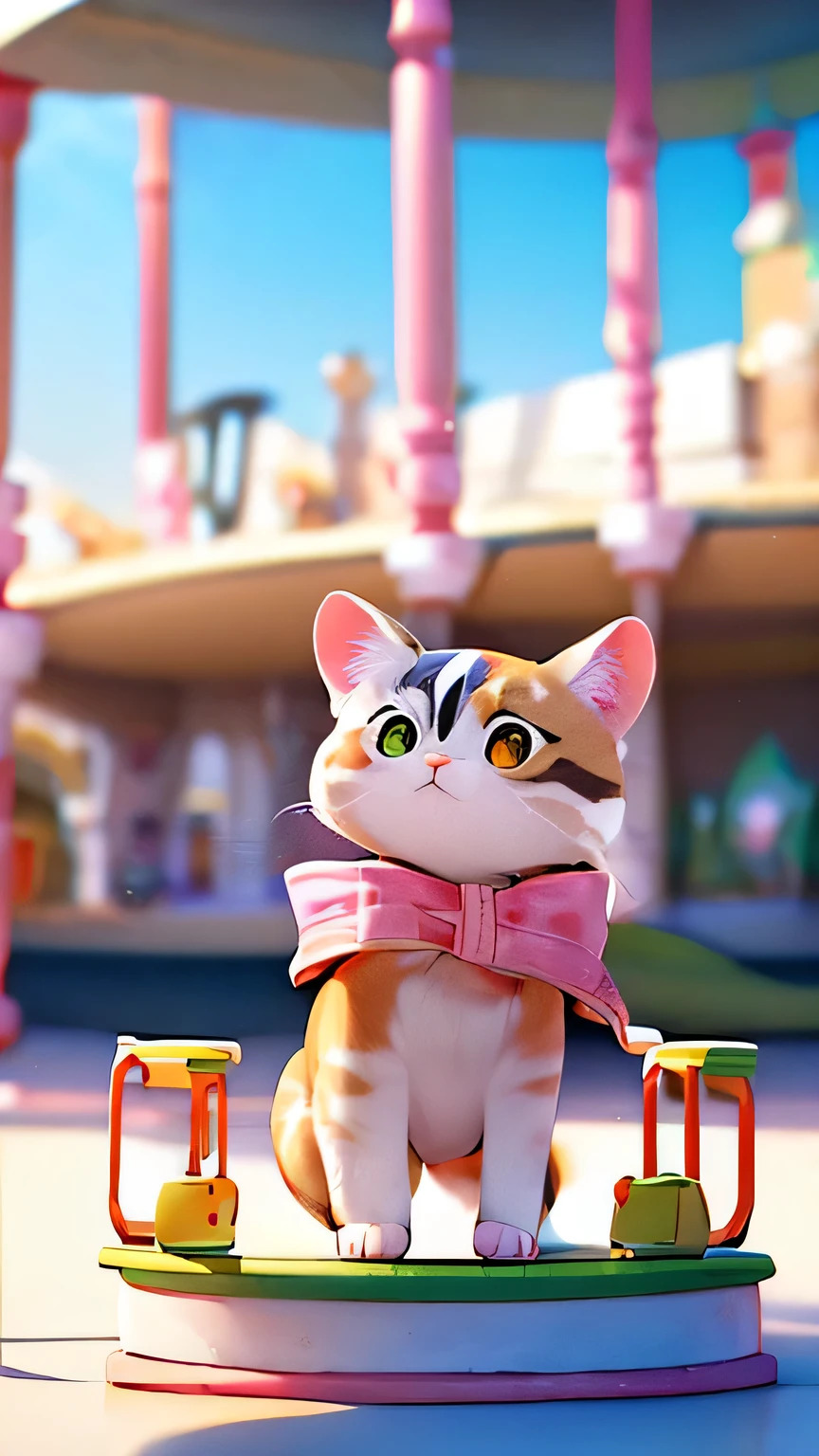 A calico cat represented in an anthropomorphic manner, Stand in the middle of the picture,Super cute look,Green eyes focus left,As if thinking about something,Full of doubts,The small mouth is O-shaped,background pink,playground mini toys,mini carousel toy,Mini roller coaster toy,Natural light,Cinema 4D Demonstration