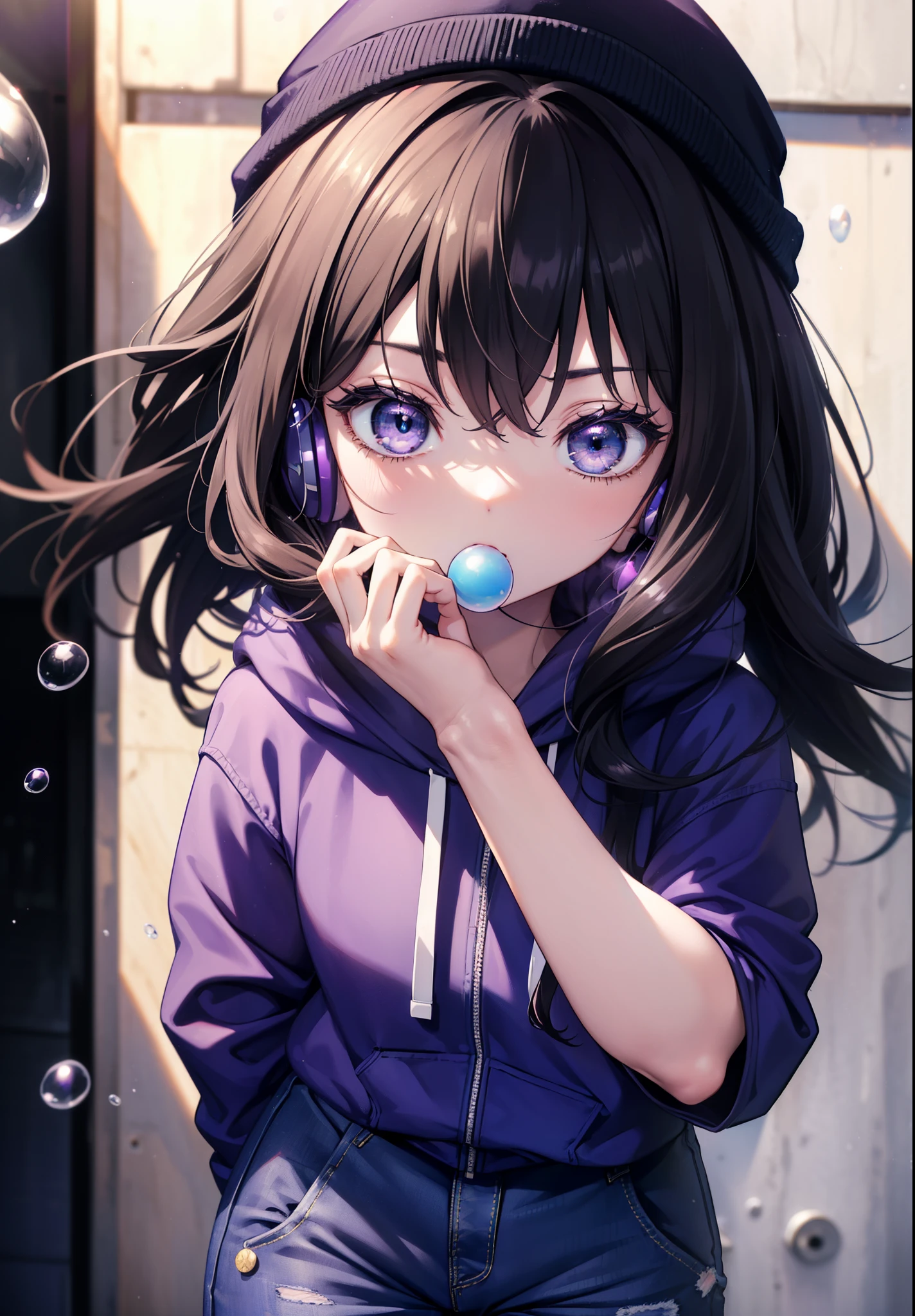 Takiuchi Kame, check it out, long hair, bangs, black hair, (purple eyes:1.2),Blue hoodie,knit hat,headphones　around neck,hands in hoodie,Oversized denim pants、sneakers,blow bubble gum, pink bubble gum,standing leaning against the wall,meeting,noon,Clear skies,
break ourdoors, Alley,
break looking at viewer, (cowboy shot:1.5),
break (masterpiece:1.2), highest quality, High resolution, unity 8k wallpaper, (figure:0.8), (detailed and beautiful eyes:1.6), highly detailed face, perfect lighting, Very detailed CG, (perfect hands, perfect anatomy),