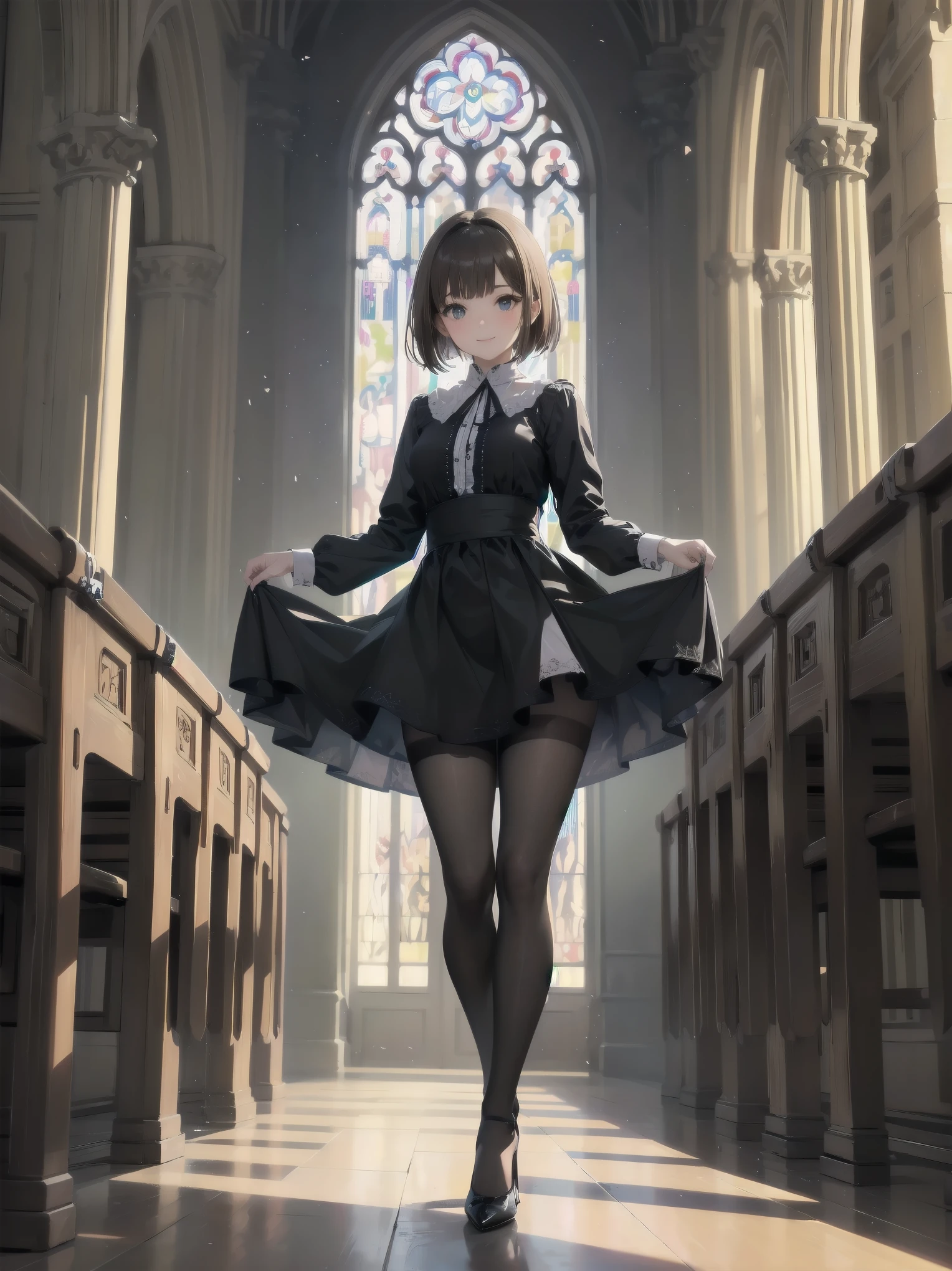 (Ultimate masterpiece), (Superb quality), (Ultra-detailed), High resolution, Ultimate beauty, High saturation, Vivid,.
Artistic AI Art Galaxy、one girl、dynamic pose、
1 beautiful girl, (cute girl), (thighs, black tights), (high heels), (cathedral dress), convent dress,
Super smile, brown hair, one length bob cut braided, (standing, dynamic pose), (dainty pose, super cute), oldest and historic place of worship, indoor background,
Fashion magazine shoot, professional shading, best illustration of her looking pretty.