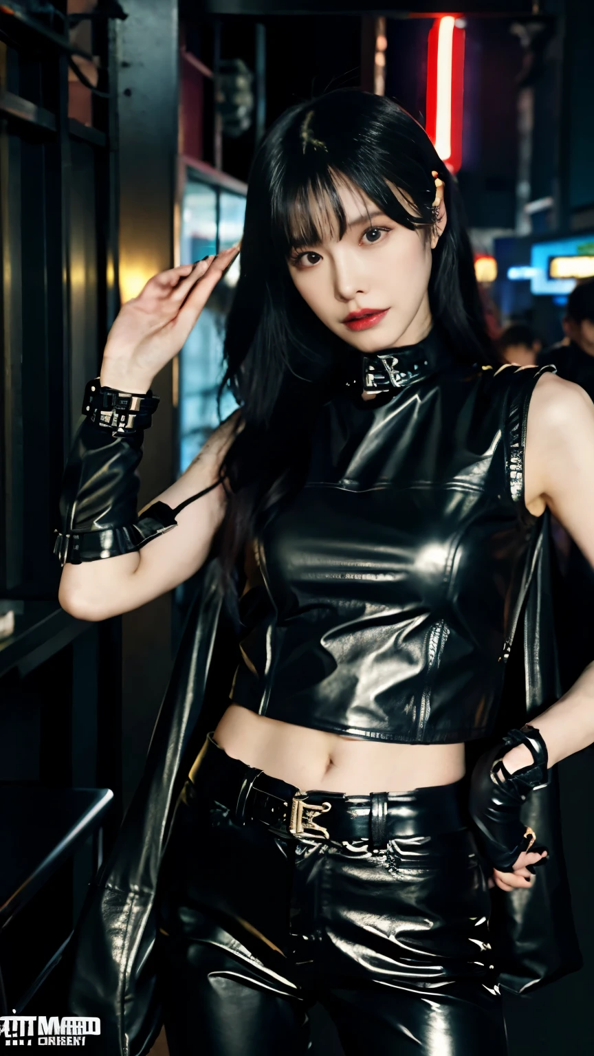 (highest quality)，masterpiece，Super detailed，8K, UHD，Beautiful woman，japanese woman，No expression，whole body，((tattoo))，slim，black leather pants，black leather vest，(female mafia)，gangster，(cyberpunk city)，night，cinematic lightening，underworld