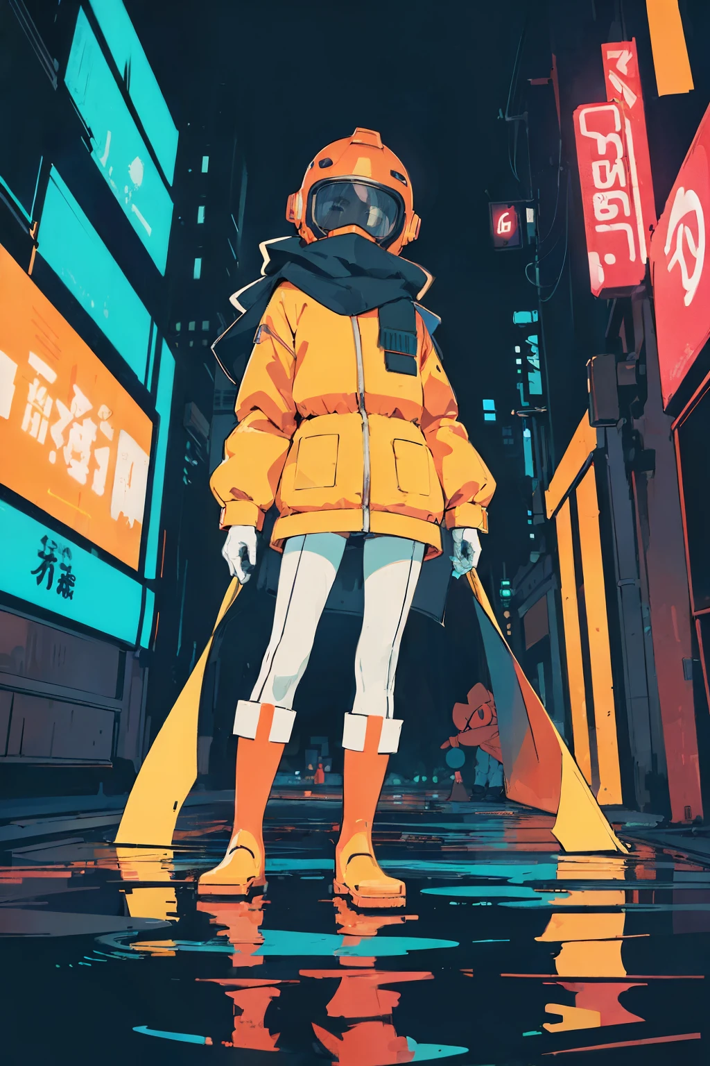 (ultra detailed,ultra high res,detailed background),((2D)),((flat color)),((muted color)),((floating neon)),1solo,looking at viewer, graffiti, hazmat suit, big red rain boots, plush scarf, full body image, square helmet