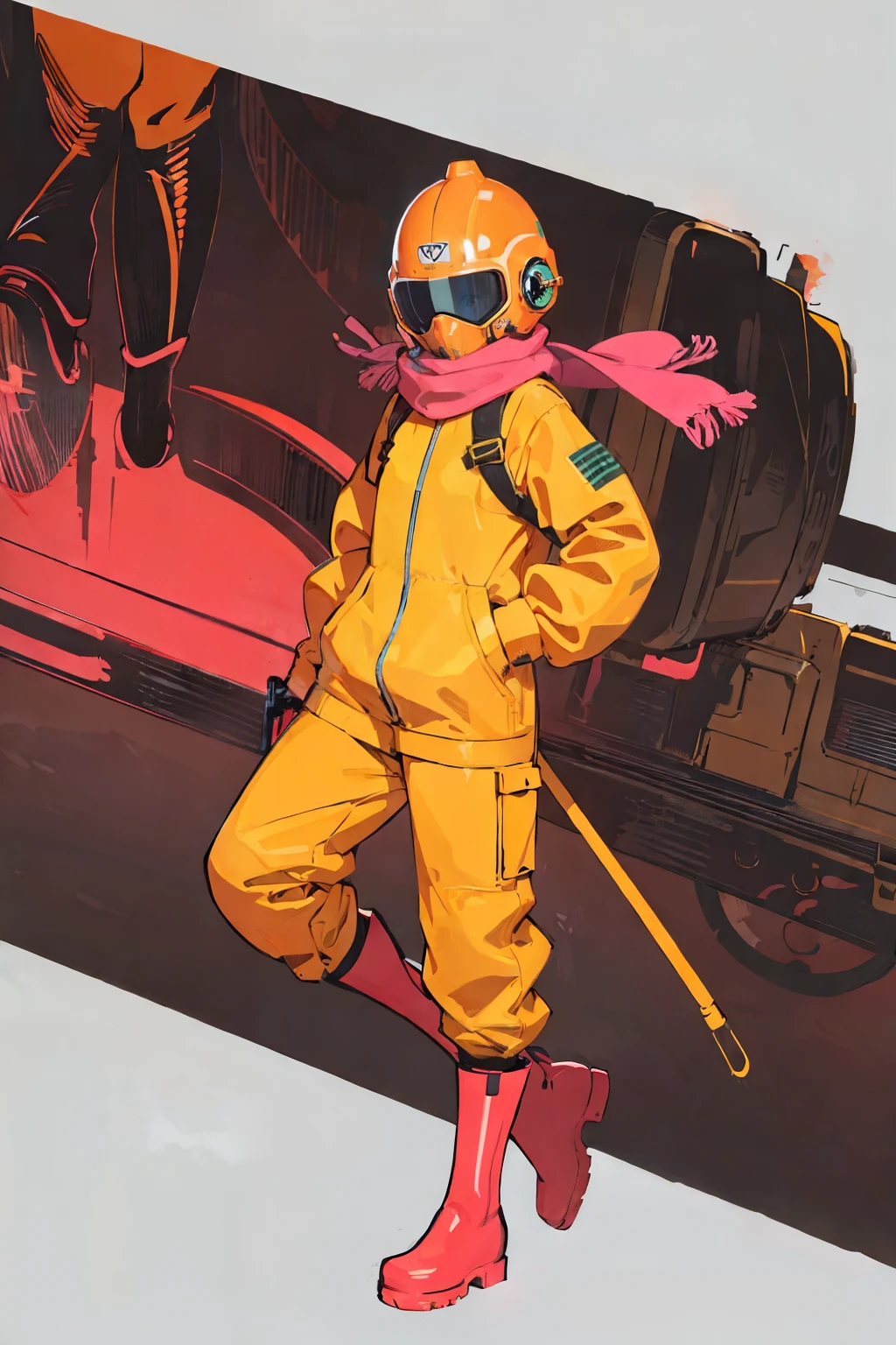 (ultra detailed,ultra high res,detailed background),((2D)),((flat color)),((muted color)),((floating neon)),1solo,looking at viewer, graffiti, hazmat suit, big red rain boots, plush scarf, full body image, square helmet