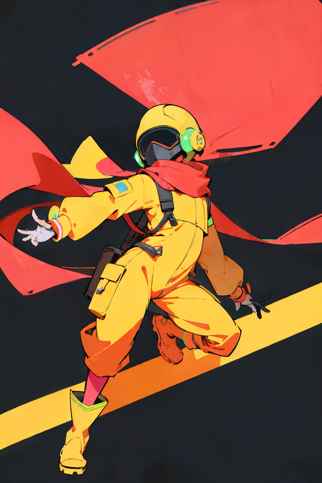 (ultra detailed,ultra high res,detailed background),((2D)),((flat color)),((muted color)),((floating neon)),1solo,looking at viewer, graffiti, hazmat suit, big red rain boots, plush scarf, full body image, square helmet