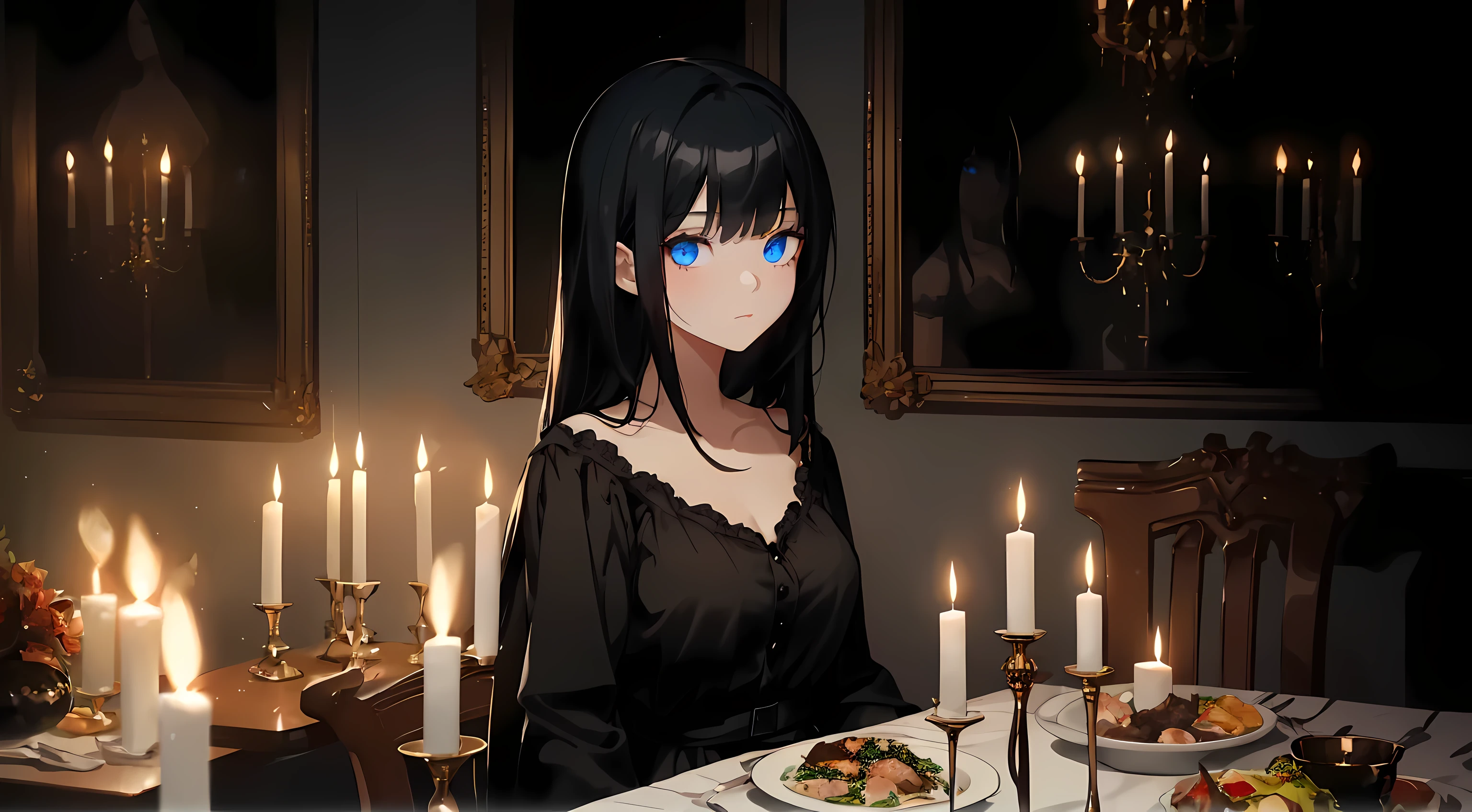 girl with black hair and blue eyes, wearing a black dress, in a dark room, sitting at a dinner table with many candles of different heights, full course meal on the table, lots of food, very dark