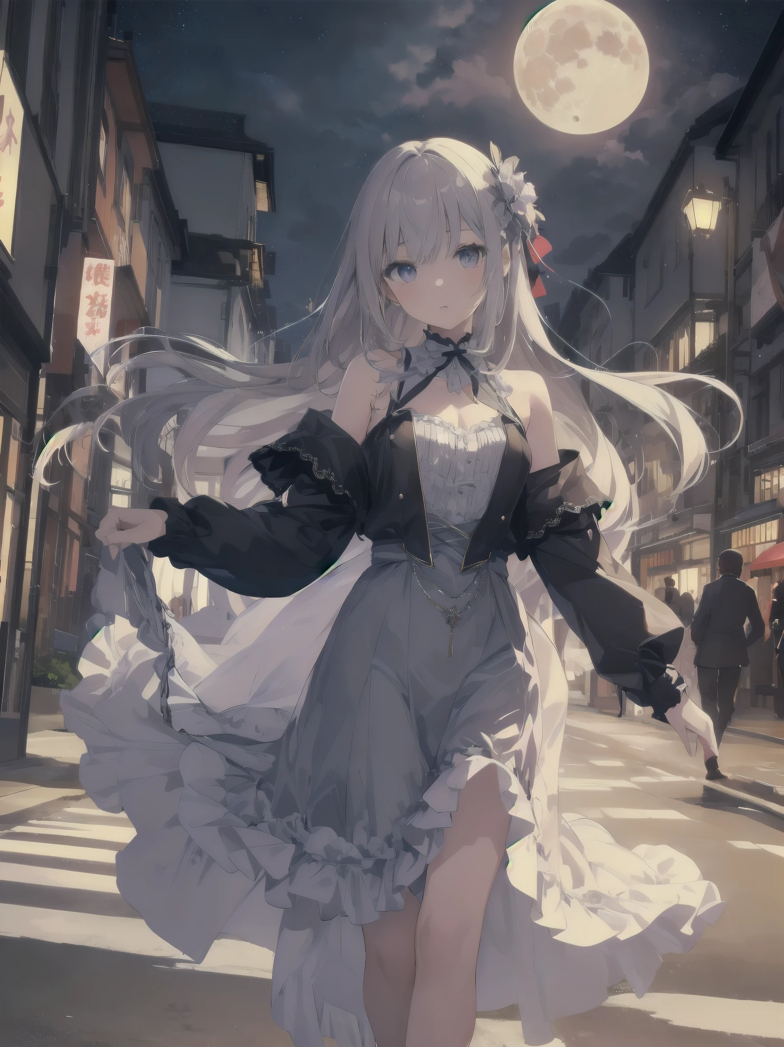 Artistic AI Art Galaxy、one girl、dynamic pose、(Ultimate masterpiece), (Superb quality), (Ultra-detailed), High resolution, Ultimate beauty, High saturation, Vivid,. 1 beautiful girl,(cute girl)「the girl、While watching the moon floating in the night sky、Strolling through the streets of Vienna in the 1920s。she、With neat clothes and elegant poses、天才美少女剣士のshe必殺技を唱える