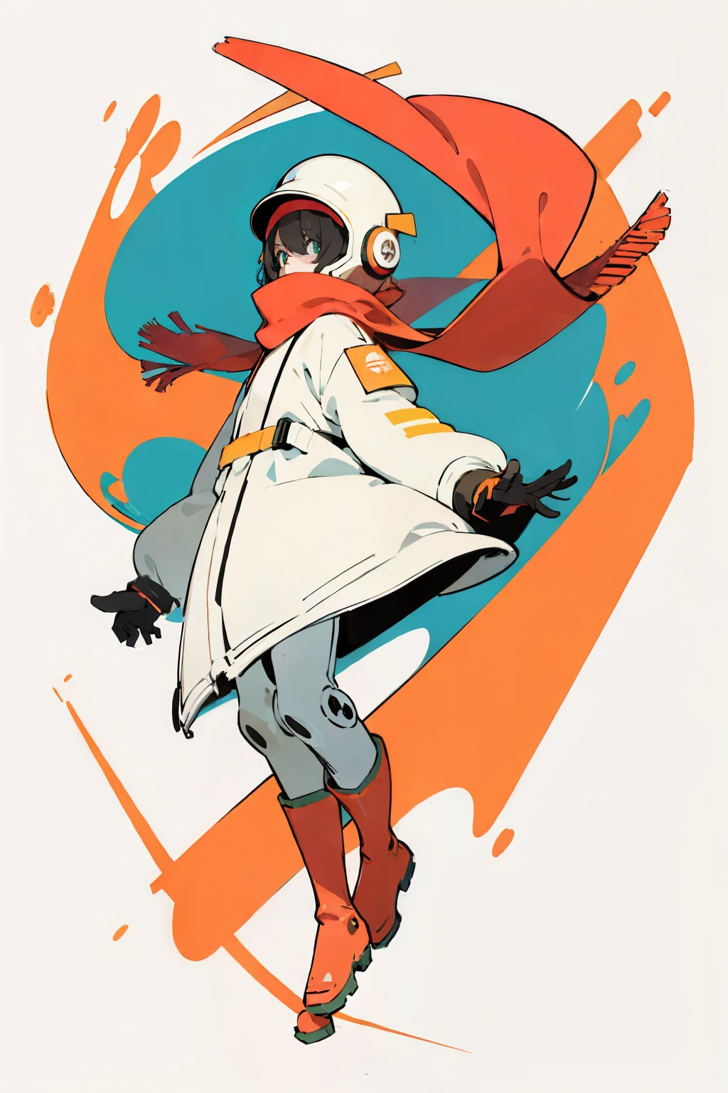 (ultra detailed,ultra high res,detailed background),((2D)),((flat color)),((muted color)),((floating neon)),1solo,looking at viewer, graffiti, hazmat suit, big red rain boots, plush scarf, full body image, square helmet