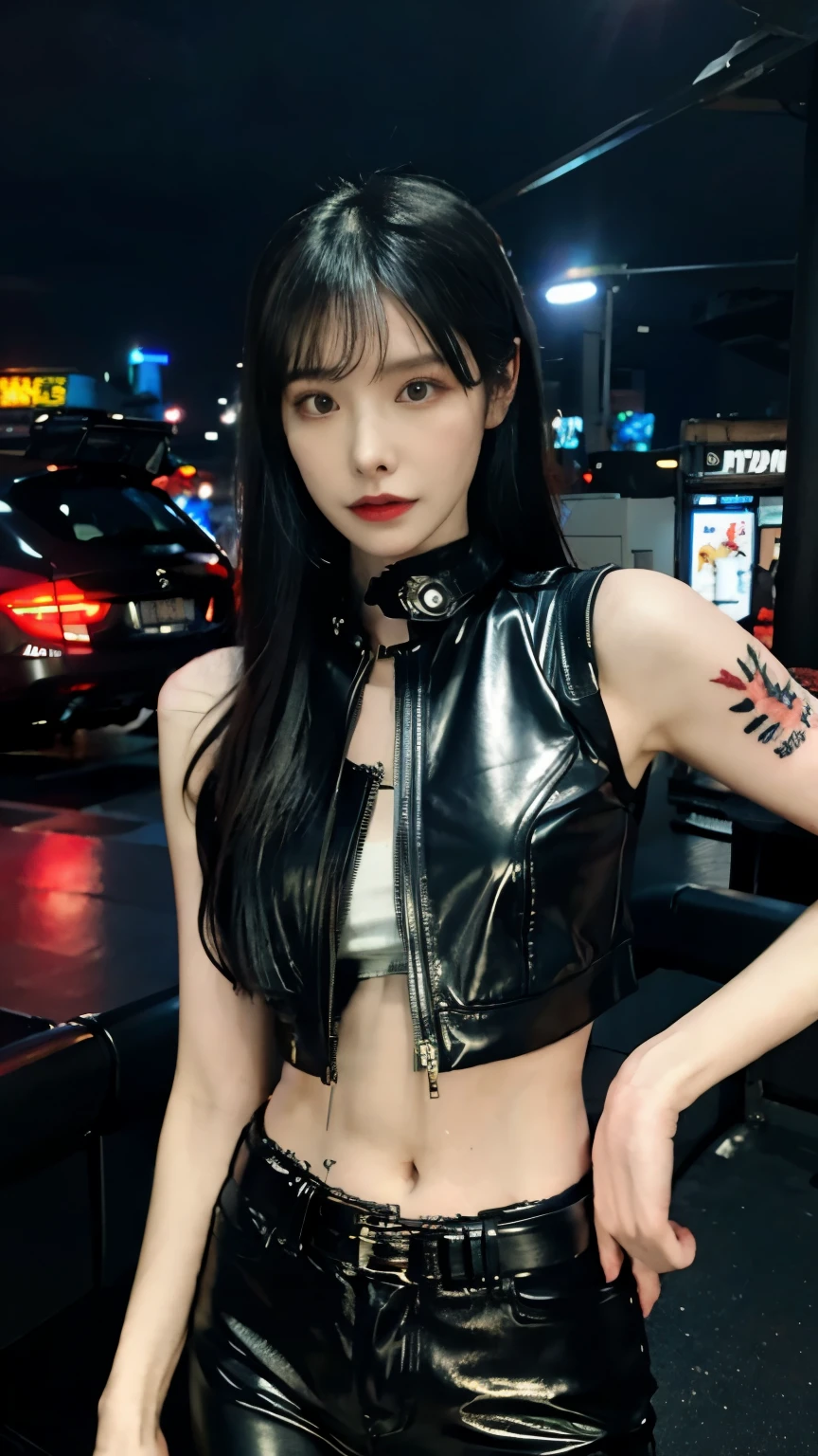 (highest quality)，masterpiece，Super detailed，8K, UHD，Beautiful woman，japanese woman，No expression，whole body，((tattoo))，slim，black leather pants，black leather vest，(female mafia)，gangster，(cyberpunk city)，night，cinematic lightening，underworld