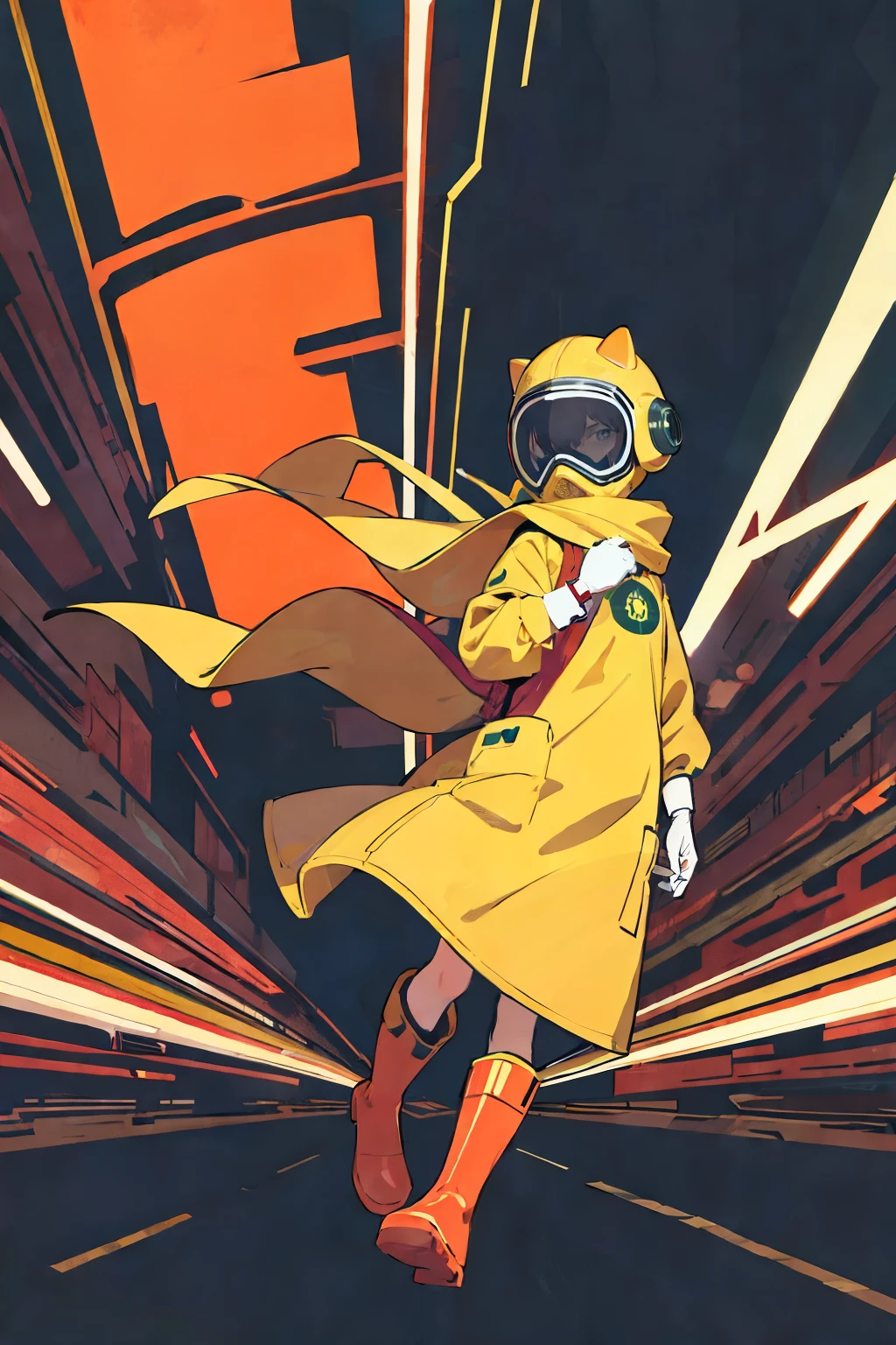 (ultra detailed,ultra high res,detailed background),((2D)),((flat color)),((muted color)),((floating neon)),1solo,looking at viewer, graffiti, hazmat suit, big red rain boots, plush scarf, full body image, animal helmet