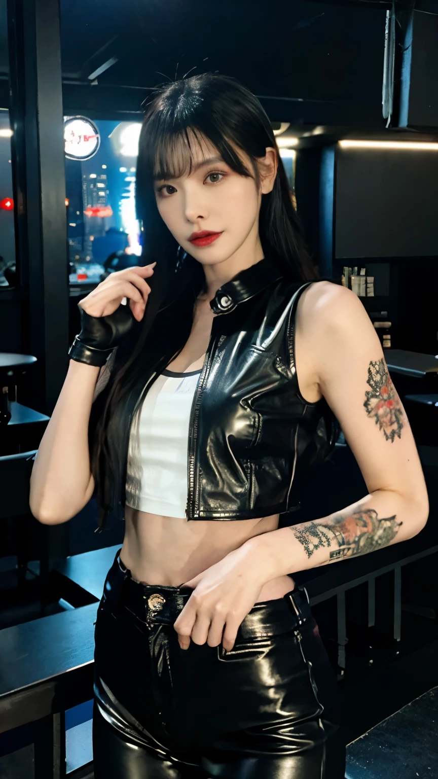 (highest quality)，masterpiece，Super detailed，8K, UHD，Beautiful woman，japanese woman，No expression，whole body，((tattoo))，slim，black leather pants，black leather vest，(female mafia)，gangster，(cyberpunk city)，night，cinematic lightening，underworld