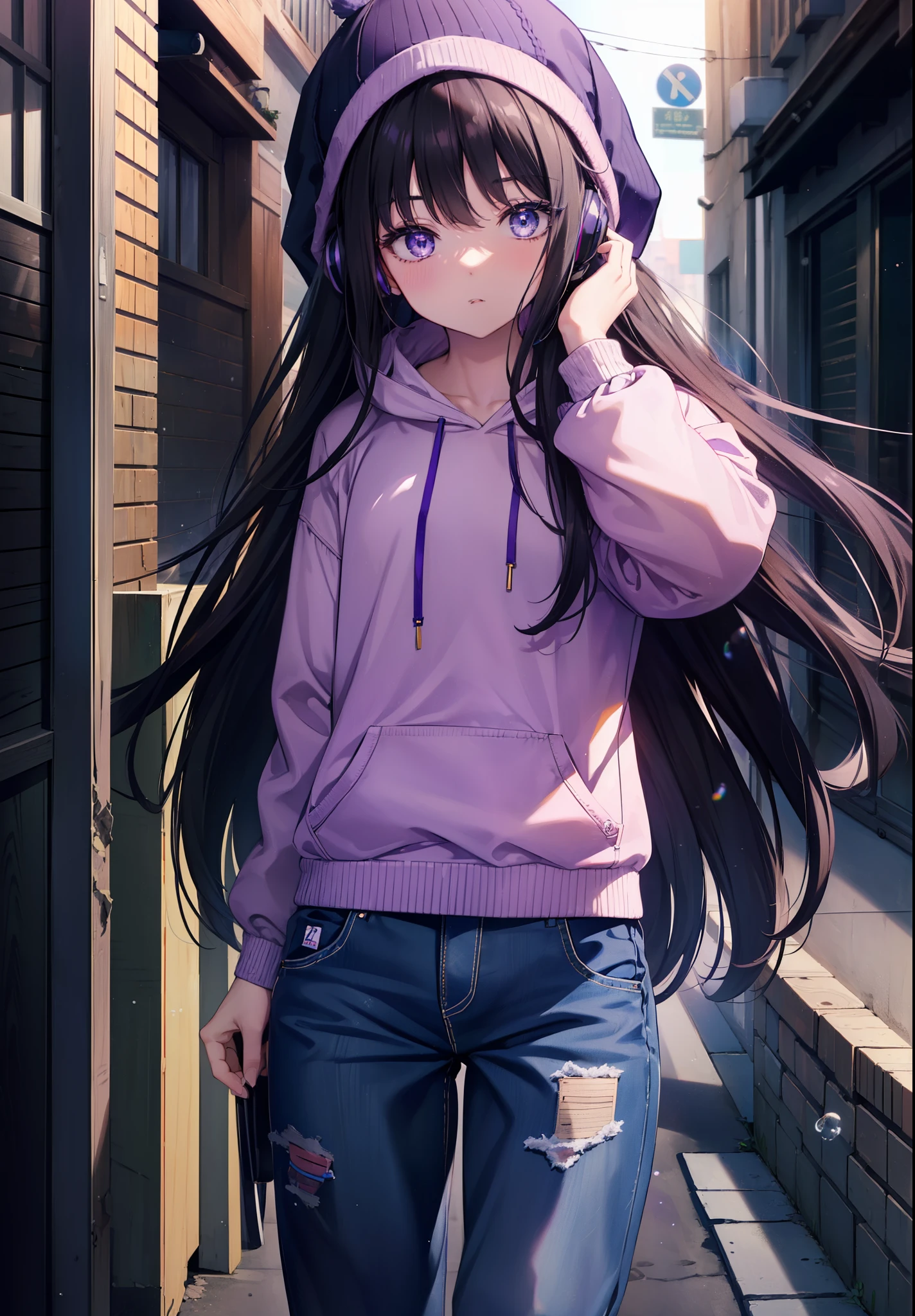 Takiuchi Kame, check it out, long hair, bangs, black hair, (purple eyes:1.2),Blue hoodie,knit hat,headphones　around neck,hands in hoodie,Oversized denim pants、sneakers,blow bubble gum, pink bubble gum,standing leaning against the wall,meeting,noon,Clear skies,
break ourdoors, Alley,
break looking at viewer, (cowboy shot:1.5),
break (masterpiece:1.2), highest quality, High resolution, unity 8k wallpaper, (figure:0.8), (detailed and beautiful eyes:1.6), highly detailed face, perfect lighting, Very detailed CG, (perfect hands, perfect anatomy),