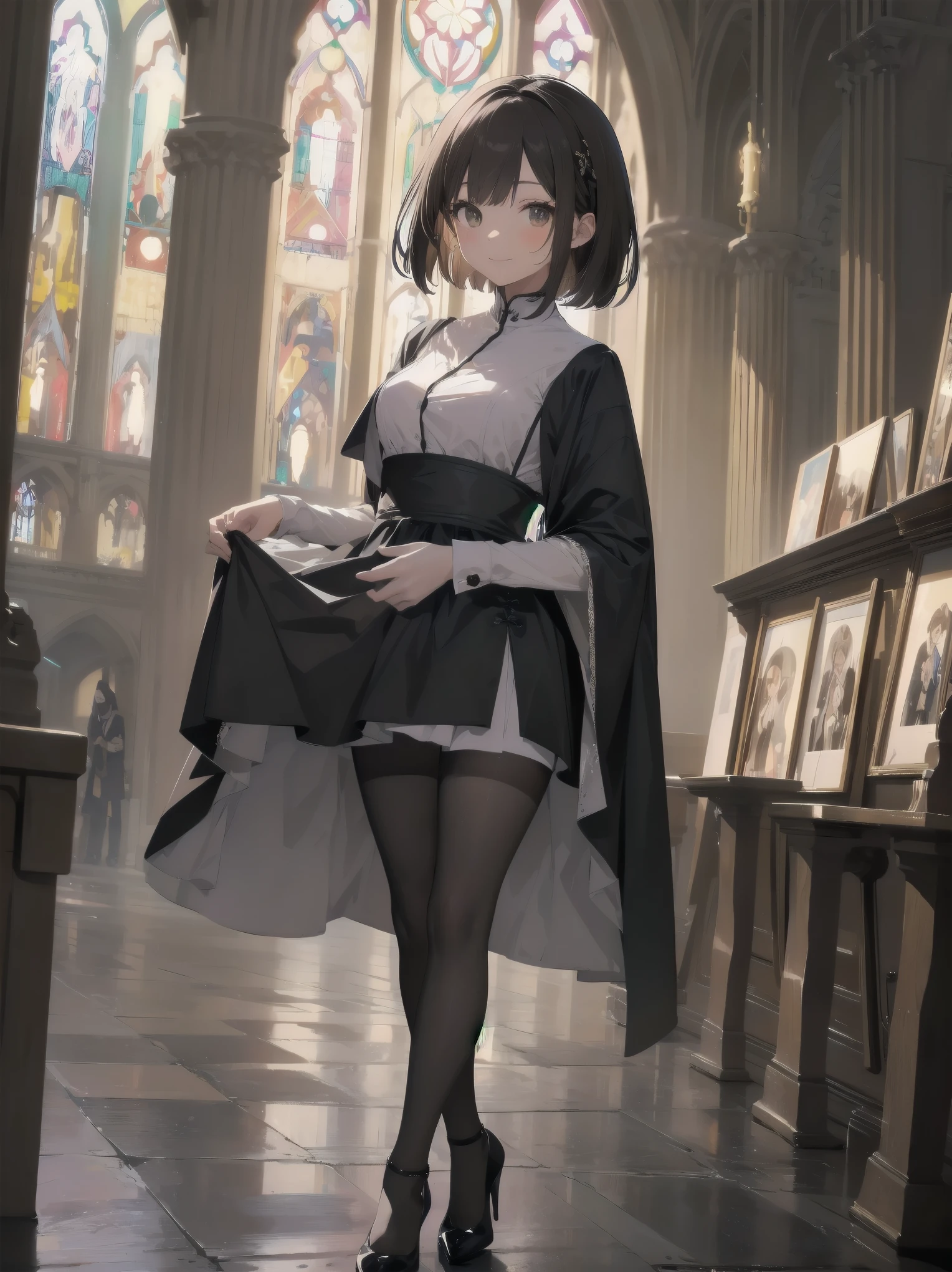 (Ultimate masterpiece), (Superb quality), (Ultra-detailed), High resolution, Ultimate beauty, High saturation, Vivid,.
Artistic AI Art Galaxy、one girl、dynamic pose、
1 beautiful girl, (cute girl), (thighs, black tights), (high heels), (cathedral dress), convent dress,
Super smile, brown hair, one length bob cut braided, (standing, dynamic pose), (dainty pose, super cute), oldest and historic place of worship, indoor background,
Fashion magazine shoot, professional shading, best illustration of her looking pretty.