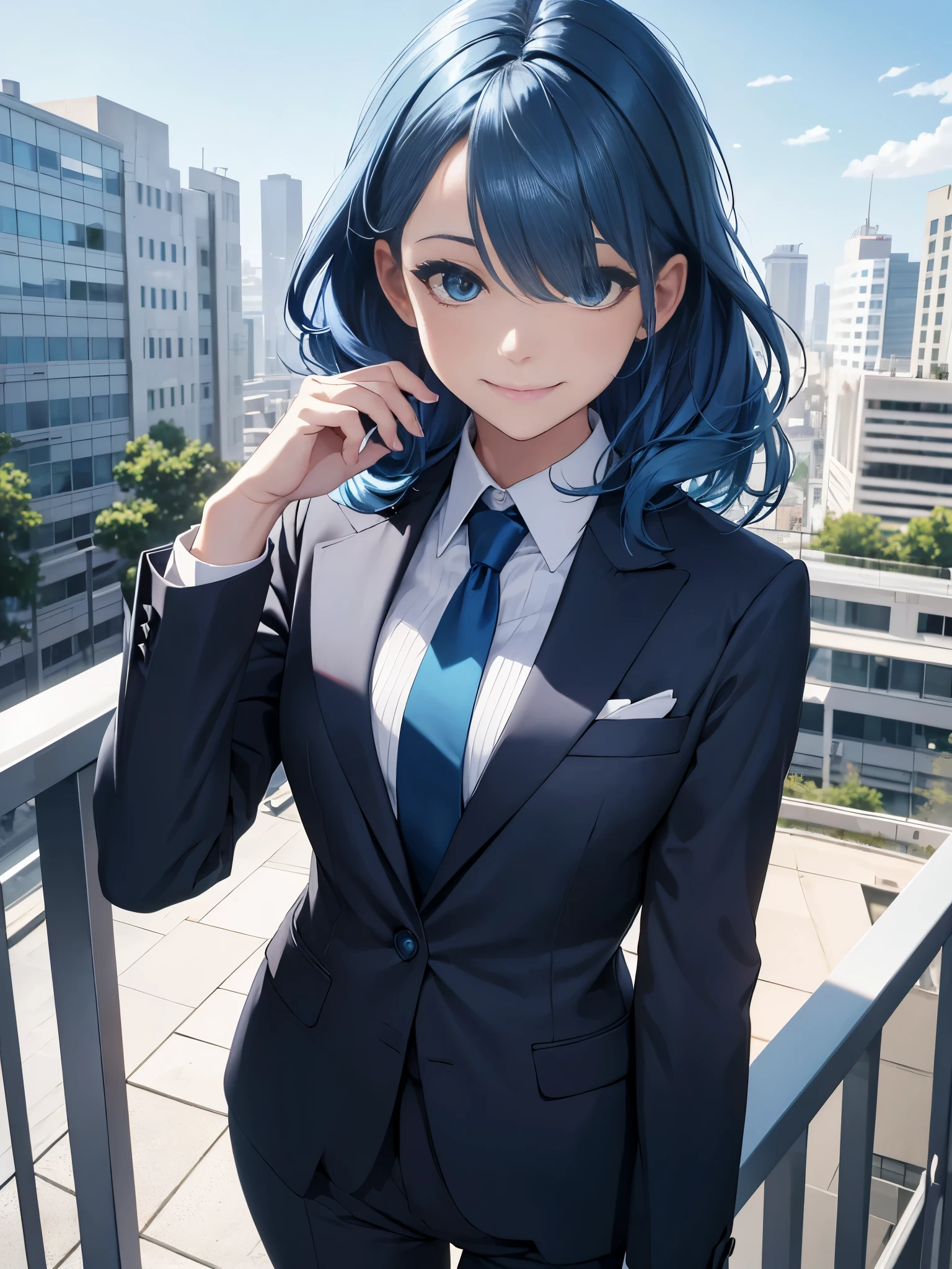 best quality, 32k, RAW photo, incredibly absurdres, extremely detailed, delicate texture, intelligent beauty, medium hair, shoulder-length hair, blue hair, aquamarine eyes, hair over one eye, wearing business suit, playful, cute smile, closed mouth, outside office balcony