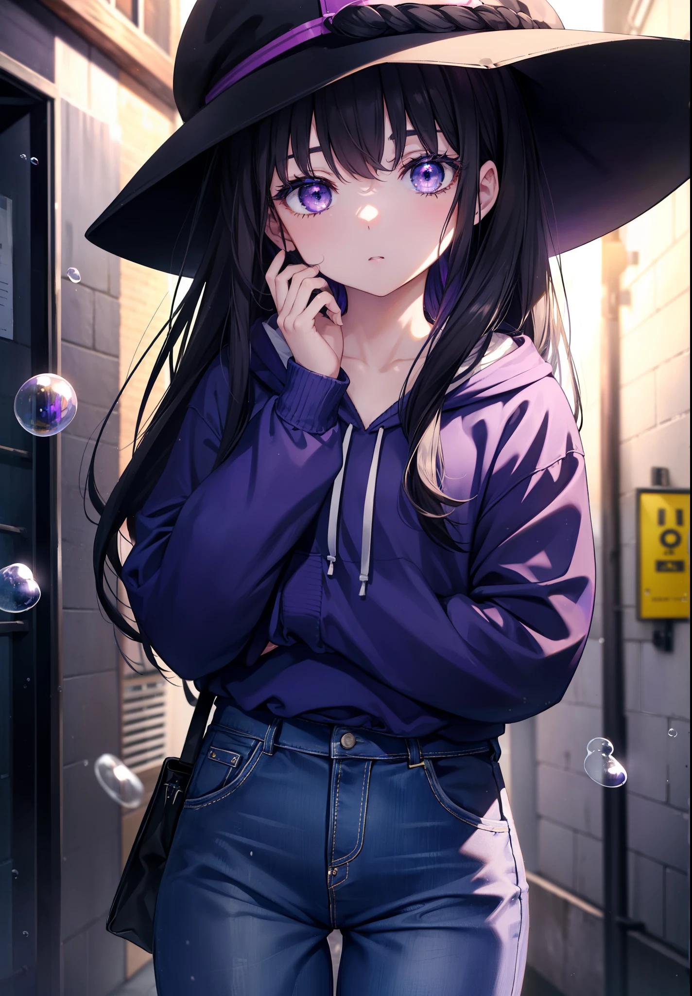 Takiuchi Kame, check it out, long hair, bangs, black hair, (purple eyes:1.2),Blue hoodie,knit hat,headphones around neck,hands in hoodie,Oversized denim pants、sneakers,blow bubble gum, pink bubble gum,standing leaning against the wall,meeting,noon,Clear skies,
break ourdoors, Alley,
break looking at viewer, (cowboy shot:1.5),
break (masterpiece:1.2), highest quality, High resolution, unity 8k wallpaper, (figure:0.8), (detailed and beautiful eyes:1.6), highly detailed face, perfect lighting, Very detailed CG, (perfect hands, perfect anatomy),