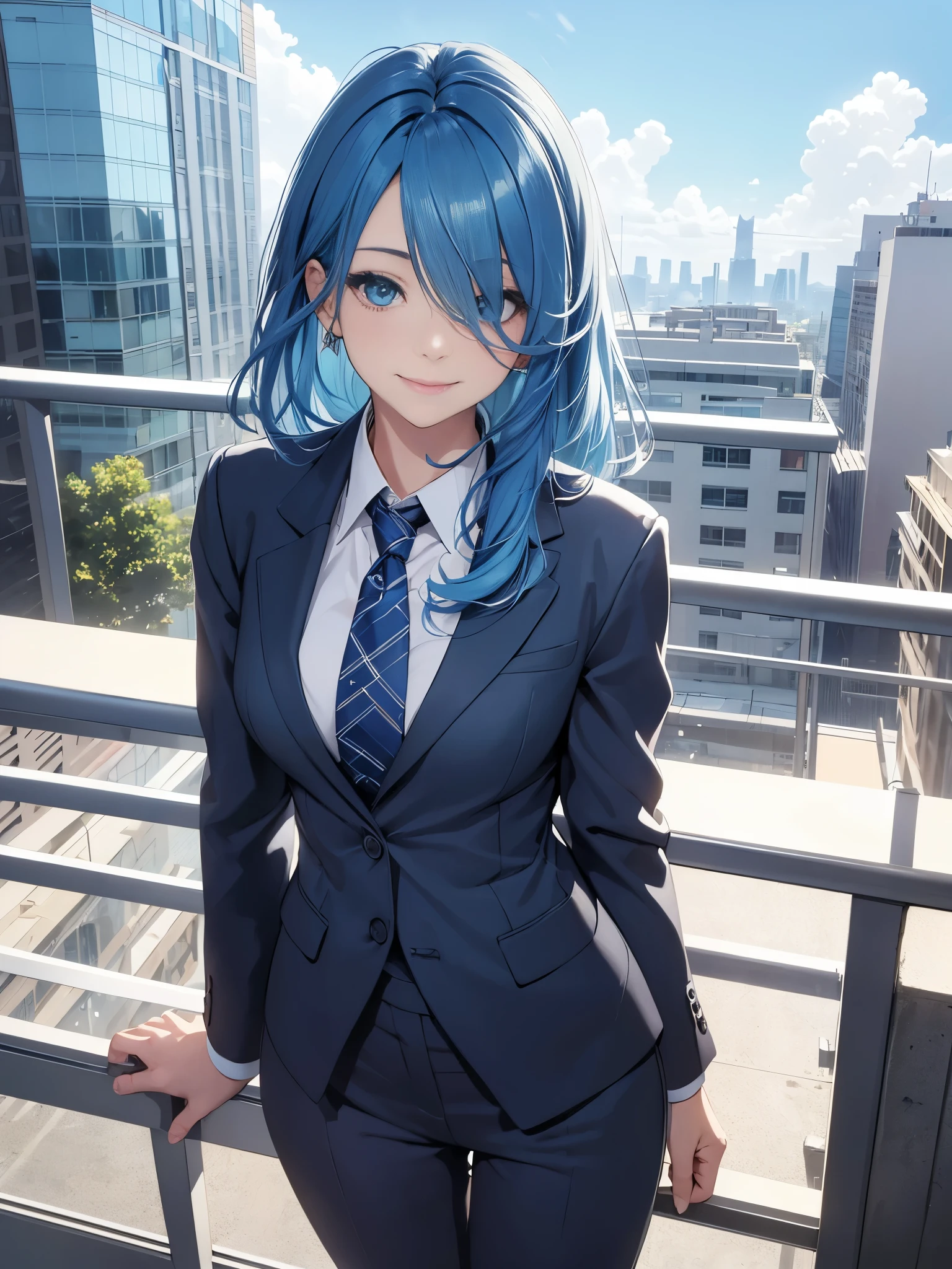 best quality, 32k, RAW photo, incredibly absurdres, extremely detailed, delicate texture, intelligent beauty, medium hair, shoulder-length hair, blue hair, aquamarine eyes, hair over one eye, wearing business suit, playful, cute smile, closed mouth, outside office balcony