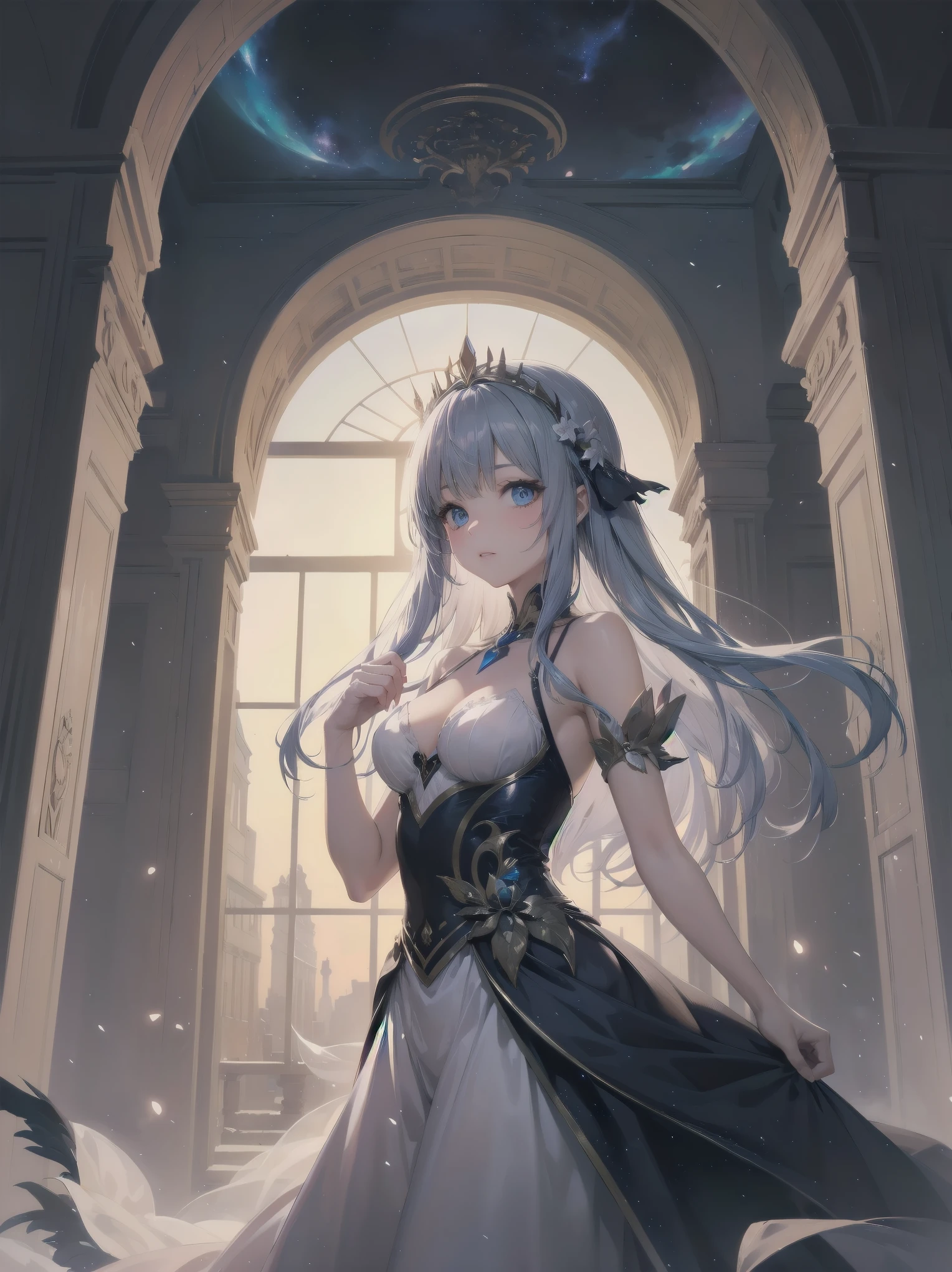 Artistic AI Art Galaxy、one girl、dynamic pose、"A Noblewoman's Whimsical Adventure" Imagine a beautiful, elegant noblewoman, dressed in a stunning gown with intricate lace and beadwork, standing in front of a glowing, ethereal portal. She looks curious and adventurous, with a hint of mischief in her eyes. The portal seems to be leading her to a fantastical world, full of magical creatures, ancient ruins, and hidden wonders. The atmosphere is dreamy and surreal, with soft, pastel colors and delicate lighting.