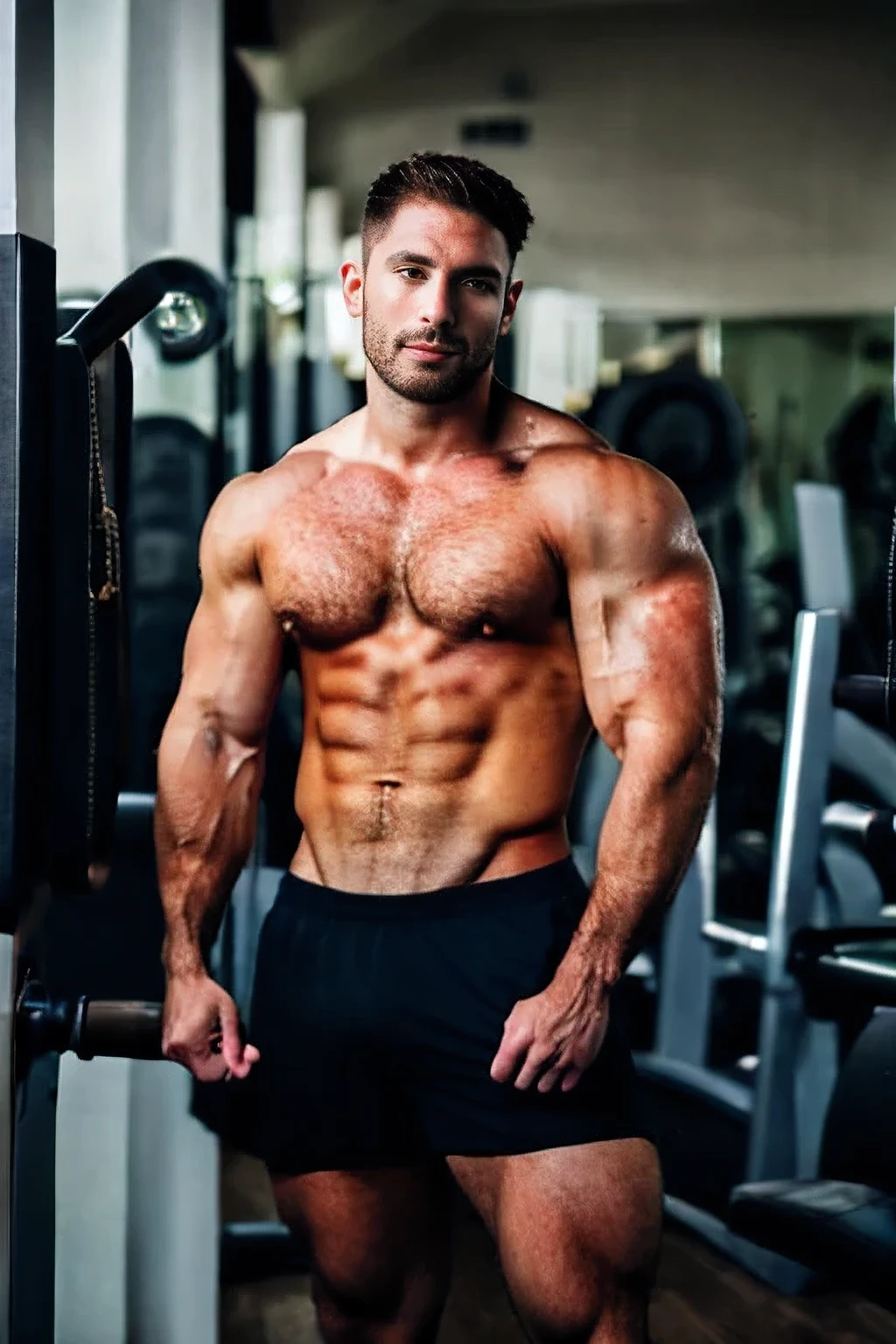 Realistic photography, handsome man , Have muscles, Gym backdrop