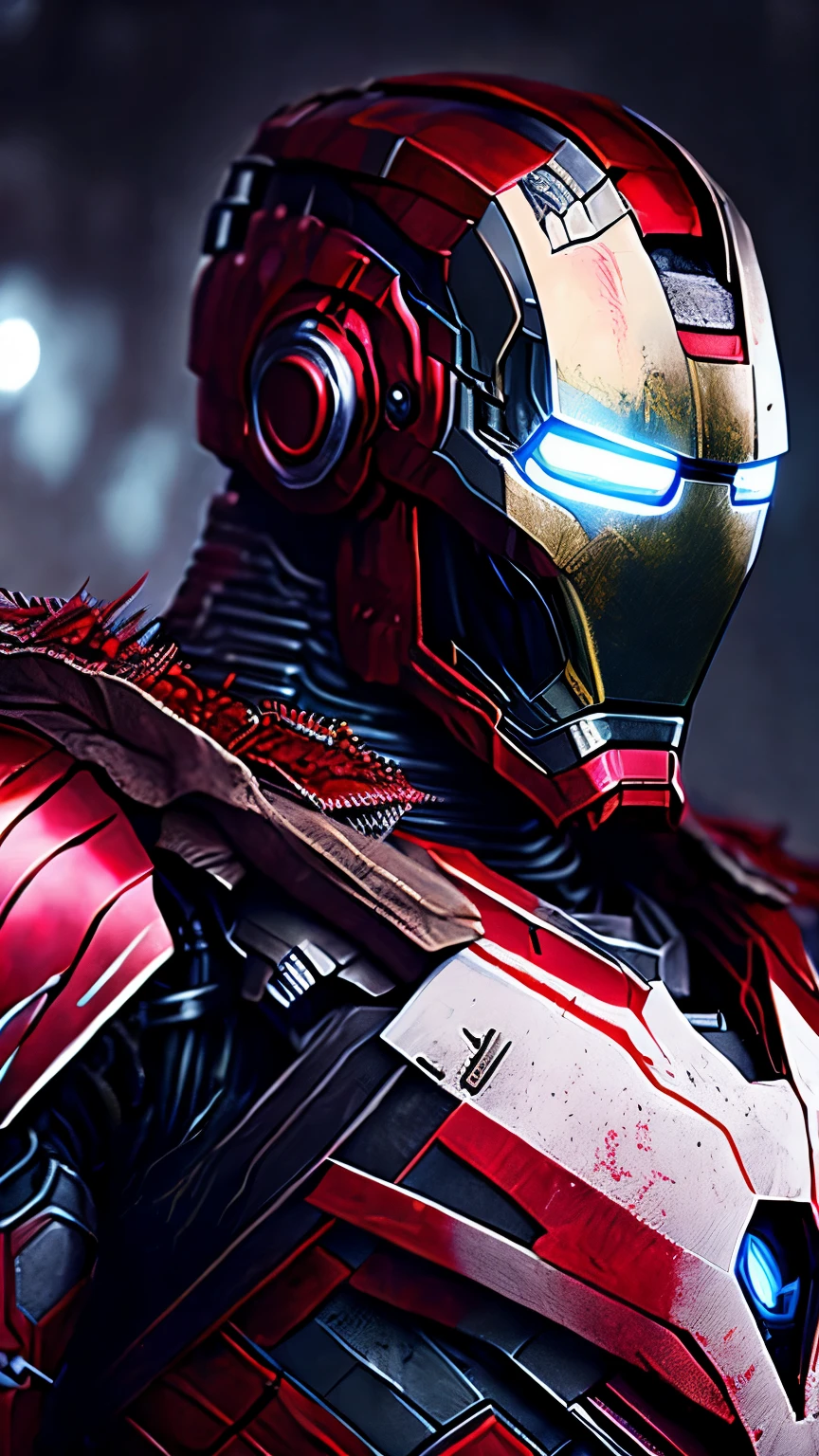Nahaufnahme (Australien Iron Man im Wikinger-Stil: 1.3) taucht aus nassem schwarzem Schlamm auf, extremely detailed, Rauch, Funken, Metallspäne, flying debris, volumetrisches Licht, in red and white, 8k Ultra HD Grafik