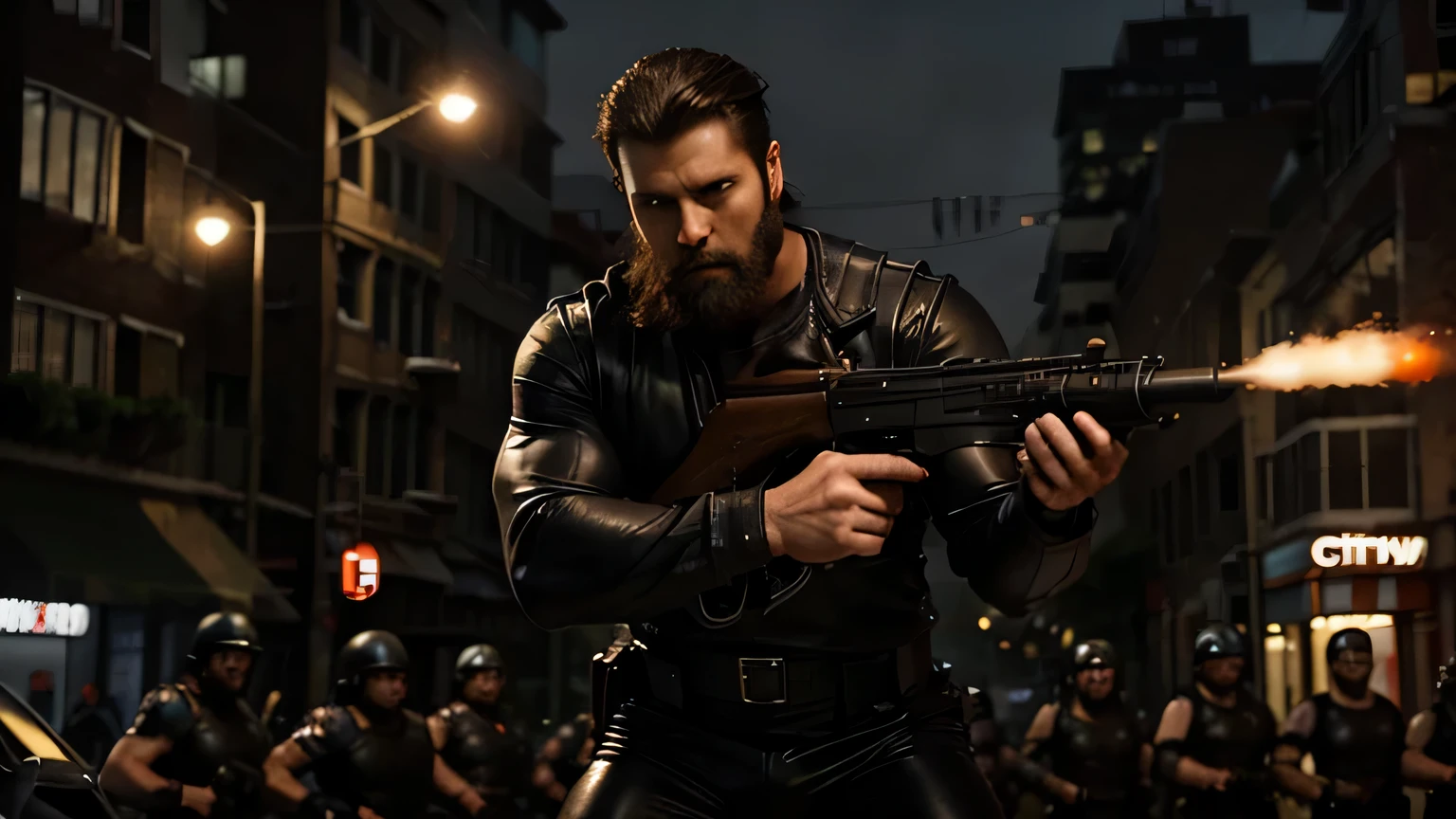 A muscular athletic man in a black leather suit with medium hair and a short beard is shooting at the thieves with a few soldiers.
City on fire
At night