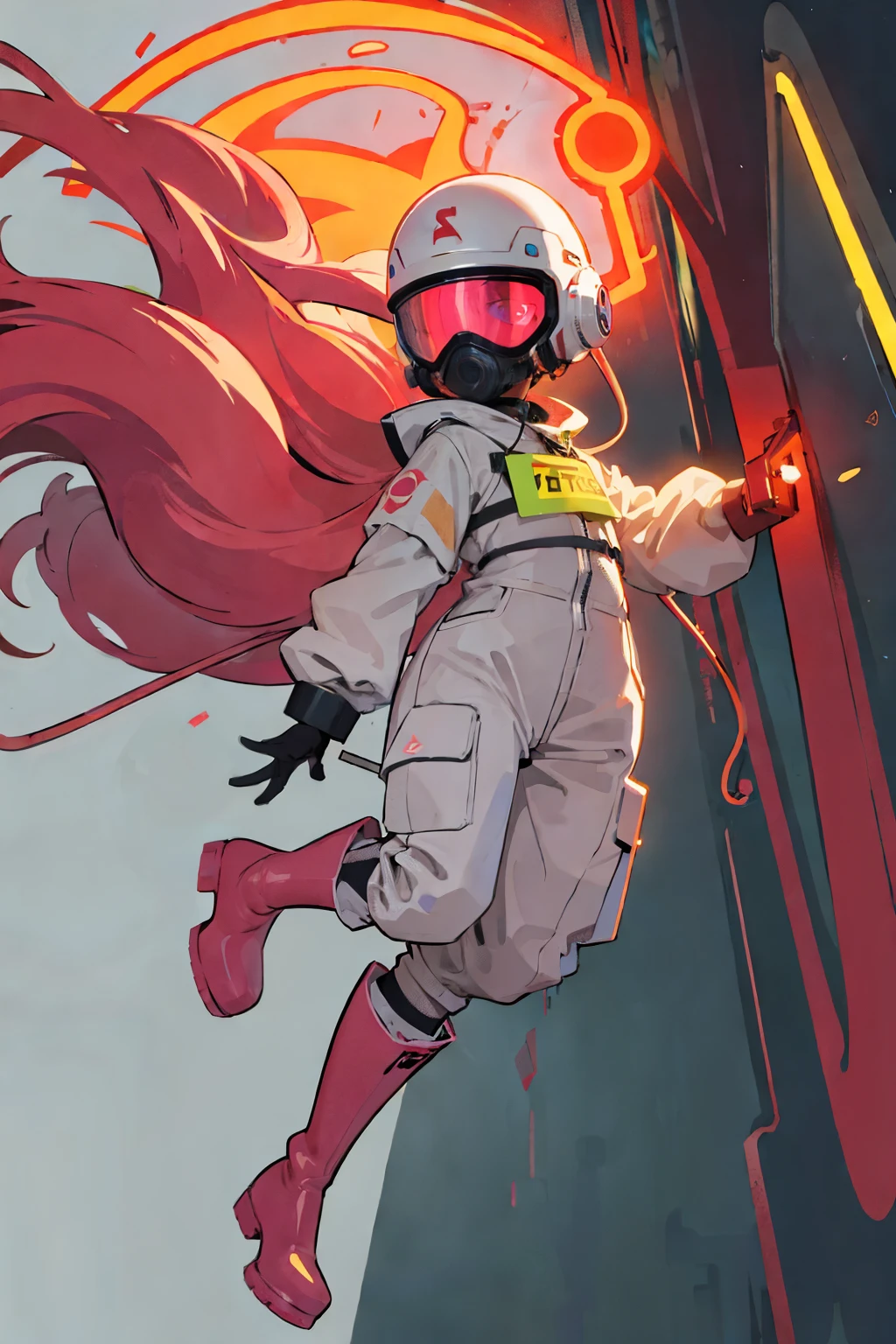 inkpunk, (ultra detailed,ultra high res,detailed background),((2D)),((flat color)),((muted color)),((floating neon)),1solo,looking at viewer, graffiti, white hazmat suit, (big red rain boots), plush collar, full body image, square helmet