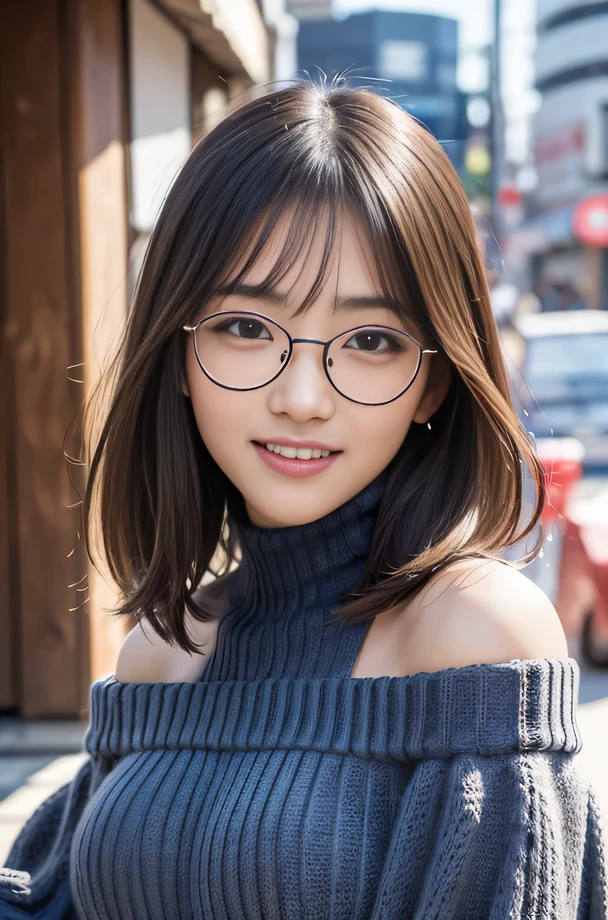 Brown Hair,Medium Hair,20-year-old female,  With the correct face, Cute natural smile, Japanese facial features, A clean and cute face, Realistic portraits, 8K Photo, Soft Makeup,Natural skin texture,Raw photo,highest quality,Full Body Shot,Pink clothes,Glasses