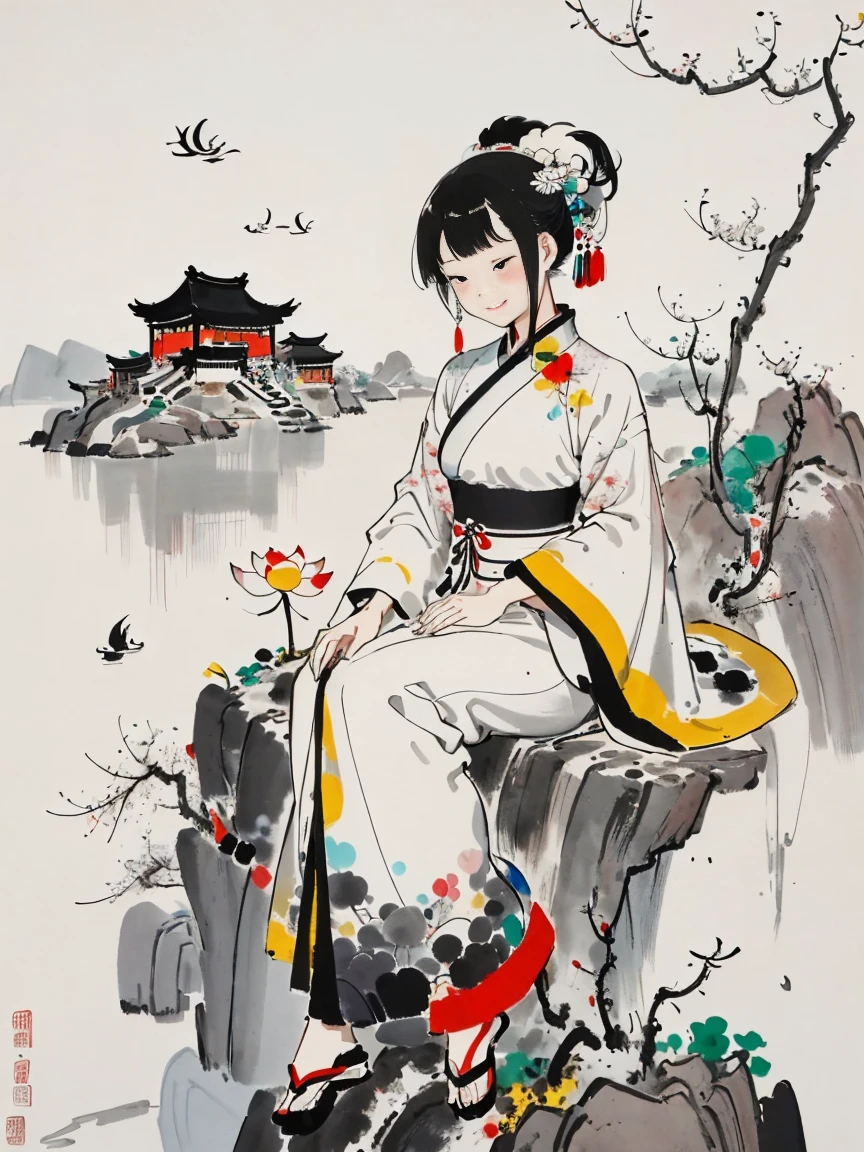 Wu Guanzhong style，Emerging young artists supported by Wu Guanzhong，Through the fusion of traditional and modern elements，Flashing Hanfu Girl，beautiful young goddess，smile softly，She clasped her hands together，Pray and meditate，She is wearing a white dress，Stars twinkling in the blue night sky，you sit on a lotus，In a fantastic atmosphere，Feel as if you are one with the universe，The entire scene is depicted vividly and in the artistic style of Wu Guanzhong，That is, using the techniques of Chinese ink painting combined with modern composition and color，Showing a unique modern Chinese aesthetic，WuGuanZhong