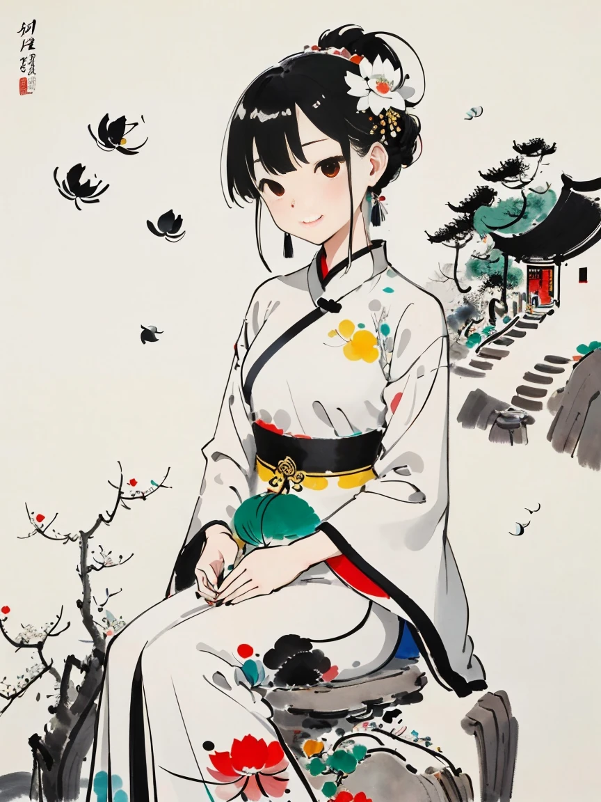 Wu Guanzhong style，Emerging young artists supported by Wu Guanzhong，Through the fusion of traditional and modern elements，Flashing Hanfu Girl，beautiful young goddess，smile softly，She clasped her hands together，Pray and meditate，She is wearing a white dress，Stars twinkling in the blue night sky，you sit on a lotus，In a fantastic atmosphere，Feel as if you are one with the universe，The entire scene is depicted vividly and in the artistic style of Wu Guanzhong，That is, using the techniques of Chinese ink painting combined with modern composition and color，Showing a unique modern Chinese aesthetic，WuGuanZhong