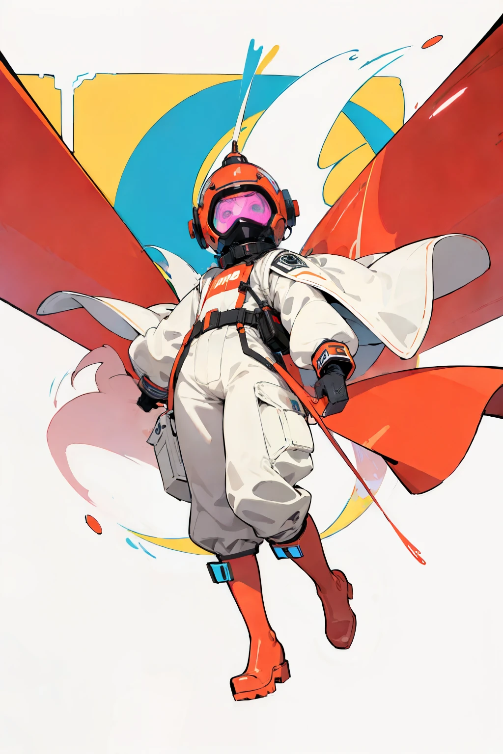 inkpunk, (ultra detailed,ultra high res,detailed background),((2D)),((flat color)),((muted color)),((floating neon)),1solo,looking at viewer, graffiti, white hazmat suit, (big red rain boots), plush collar, full body image, square helmet