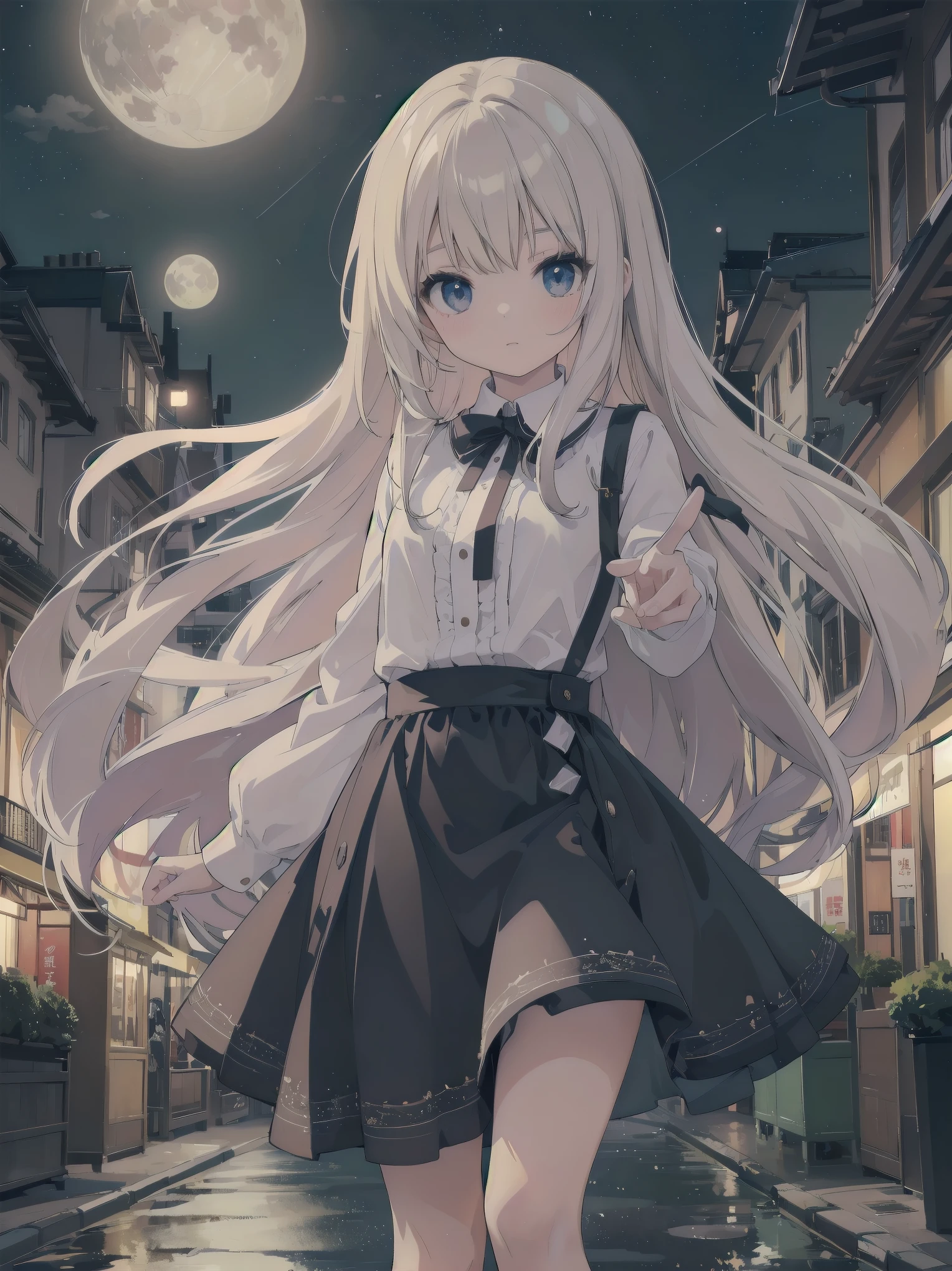 Artistic AI Art Galaxy、one girl、dynamic pose、(Ultimate masterpiece), (Superb quality), (Ultra-detailed), High resolution, Ultimate beauty, High saturation, Vivid,. 1 beautiful girl,(cute girl)「the girl、While watching the moon floating in the night sky、Strolling through the streets of Vienna in the 1920s。she、With neat clothes and elegant poses、天才美少女剣士のshe必殺技を唱える
