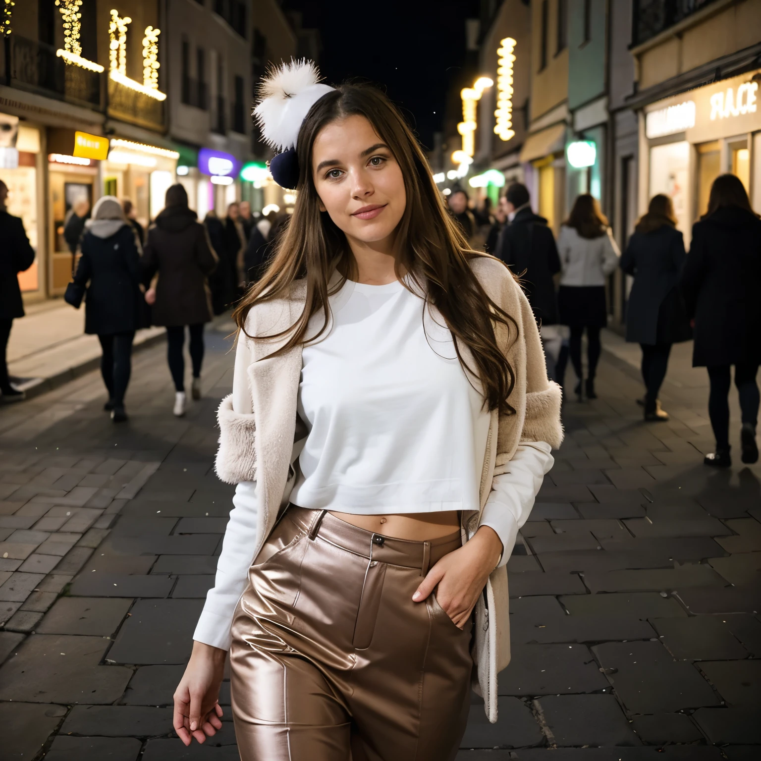realistic photography, Bianca (Femme, 28 ans, long wavy brown hair) dehors en ville, entrain de marcher dans des rues sublimes éclairées par la lumière nocturne. batiments chics et passages piétons, illuminated by night light. Street lamp light above.Une élaboration sur Bianca, s'en pleine ville animée, adorned with'Fully dressed, tenue chic, manteau, chapeau, baskets, La décoration de l'breathtaking street and cityscape add festive charm to the scene.. doux, natural light illuminates the woman, projetant une lueur chaleureuse sur la femme. L'atmosphère respire la joie et l'holiday elegance, capturer un moment serein et joyeux. Photo prise par Emma Jackson avec un Nikon D850 et un objectif 50 mm, capturing natural nighttime light that adds warmth and vibrancy to festive decor, 8K, Ultra HD, super-resolution. --dans 5 --q 2