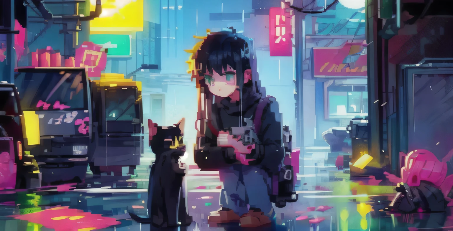 (pixel art_1.1)1boy,very long hair,Night,Street,Kitten,Small puddle,Rain,Neon Light,Hong Kong,Cyberpunk,green eyes , black hair , black shirt , face only