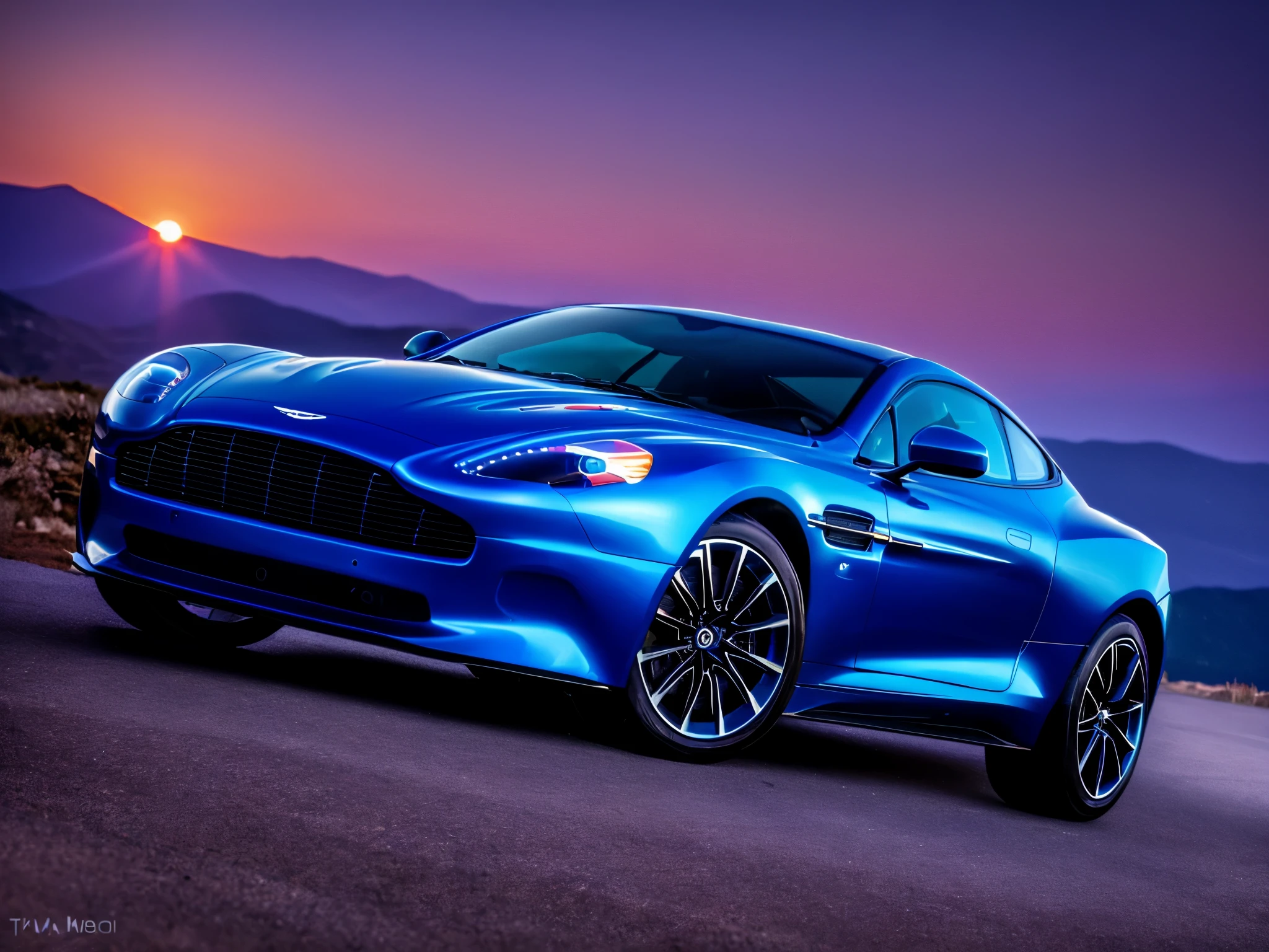 masterpiece, best quality, astonmartinvanquish, 1car,  sunset mountains, blue car,  slate atmosphere, cinematic, dimmed colors, dark shot, muted colors, film grainy, lut, spooky