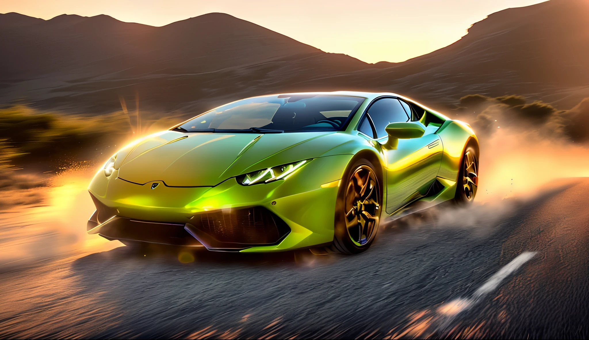 photo of a Lamborghini huracan performante,8k uhd,high quality,road,sunset,motion blur,depth blur,cinematic,filmic image 4k,8k with [George Miller's Mad Max style]. The image should be [ultra-realistic],with [high-resolution] captured in [natural light]. The lighting should create [soft shadows] and showcase the [raw] and [vibrant colors],