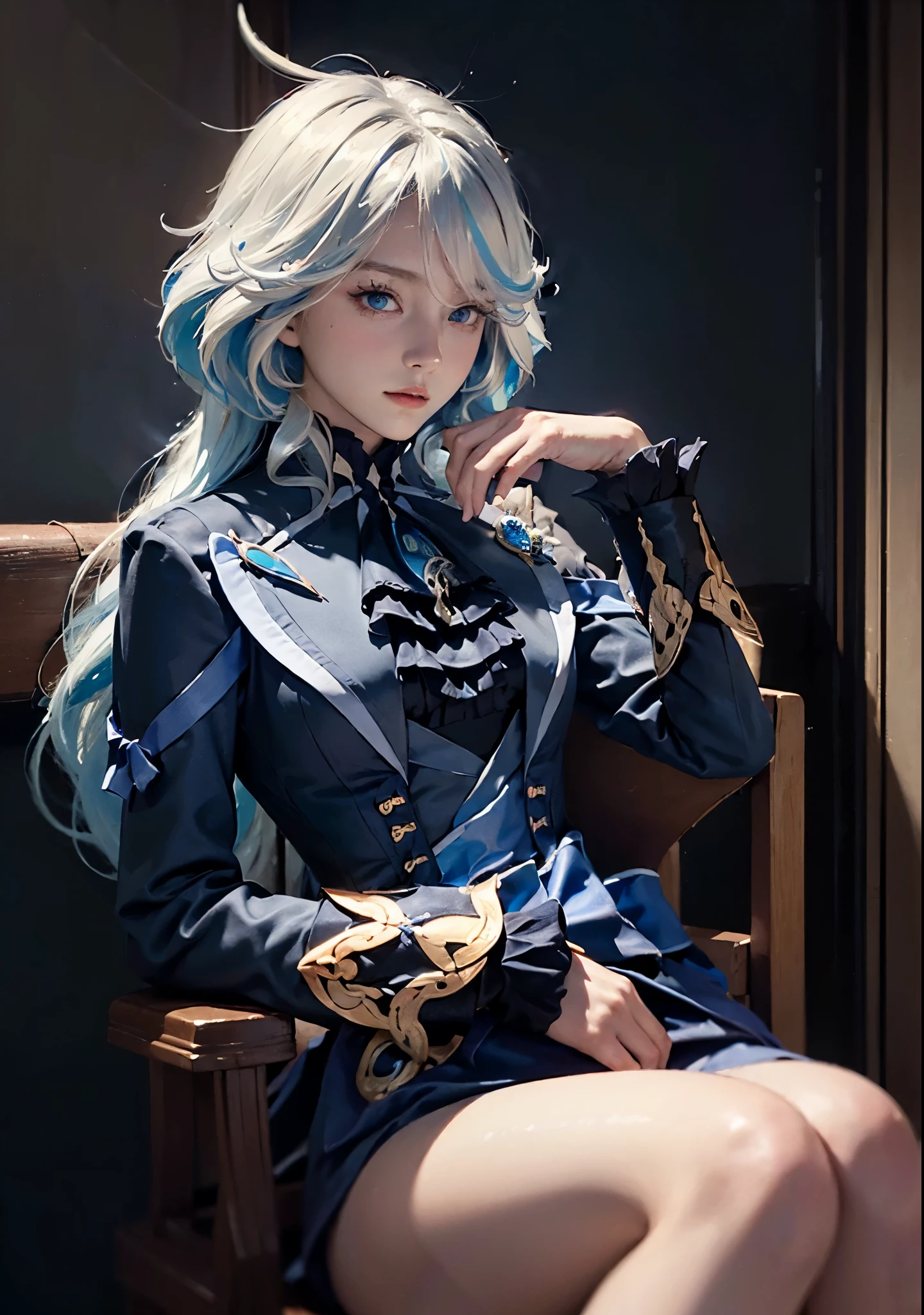 (in the dark:1.6), Hyperrealist portrait of female by david hockney and alphonse mucha,fantasy art, photo realistic, dynamic lighting, artstation, poster, volumetric lighting, very detailed faces, 4 k, award winning,, 1girl, low key,cowboy shot,(official clothing:1.4) ,long hair,white hair, Sitting in a chair