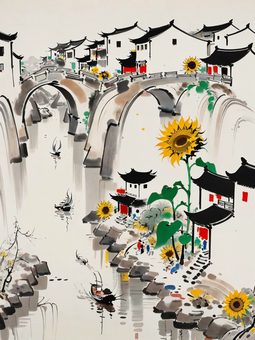 Wu Guanzhong style，Emerging young artists supported by Wu Guanzhong，Through the fusion of traditional and modern elements，((Along the River During Qingming Festival))，((Beauty, In sunflowers))，The entire scene is depicted vividly and in the artistic style of Wu Guanzhong，That is, using the techniques of Chinese ink painting combined with modern composition and color，Showing a unique modern Chinese aesthetic，WuGuanZhong